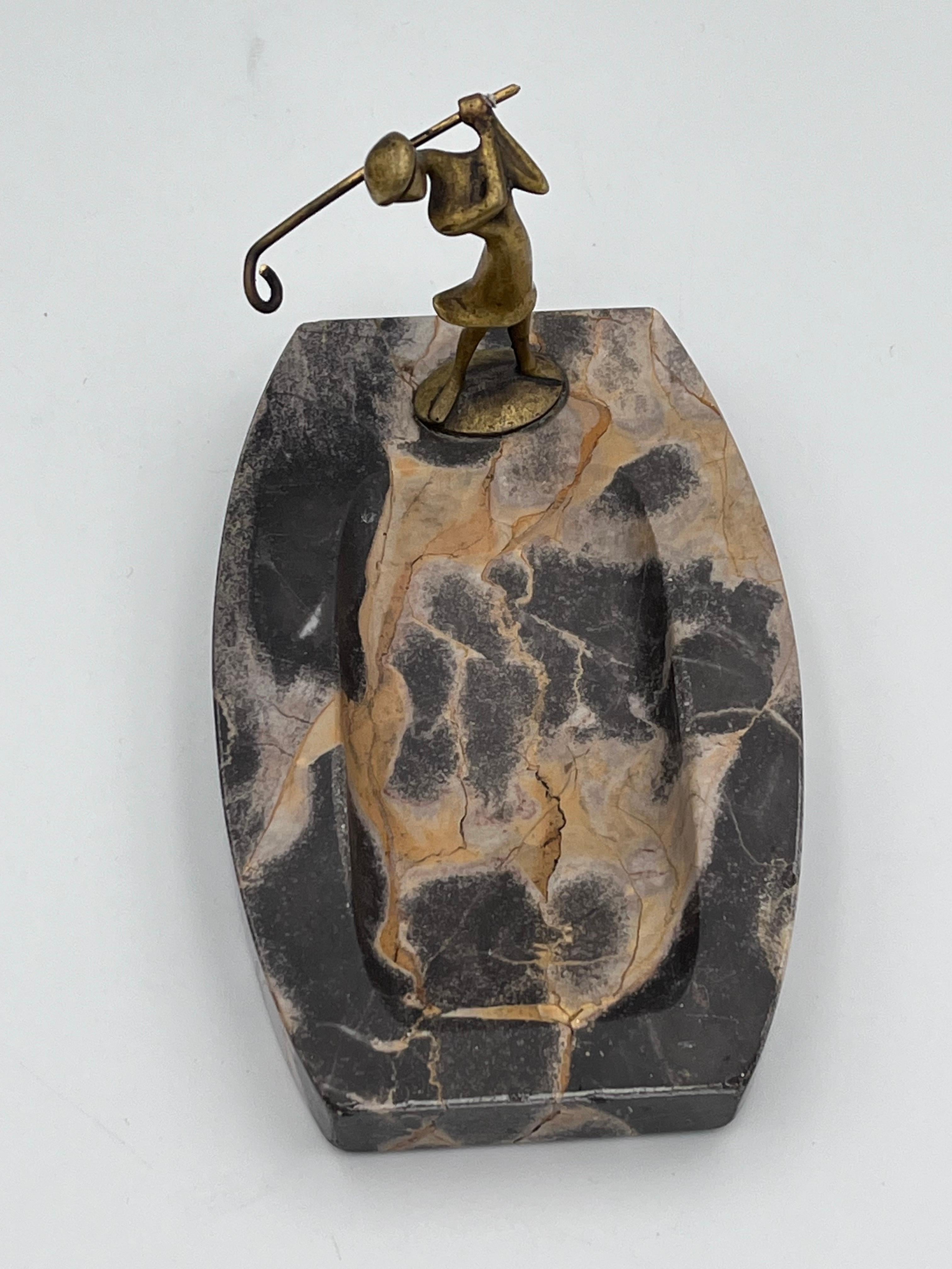1920's Art Deco Karl Hagenauer Lady Golfer Bronze & Marble Vide Poche or Ashtray For Sale 6