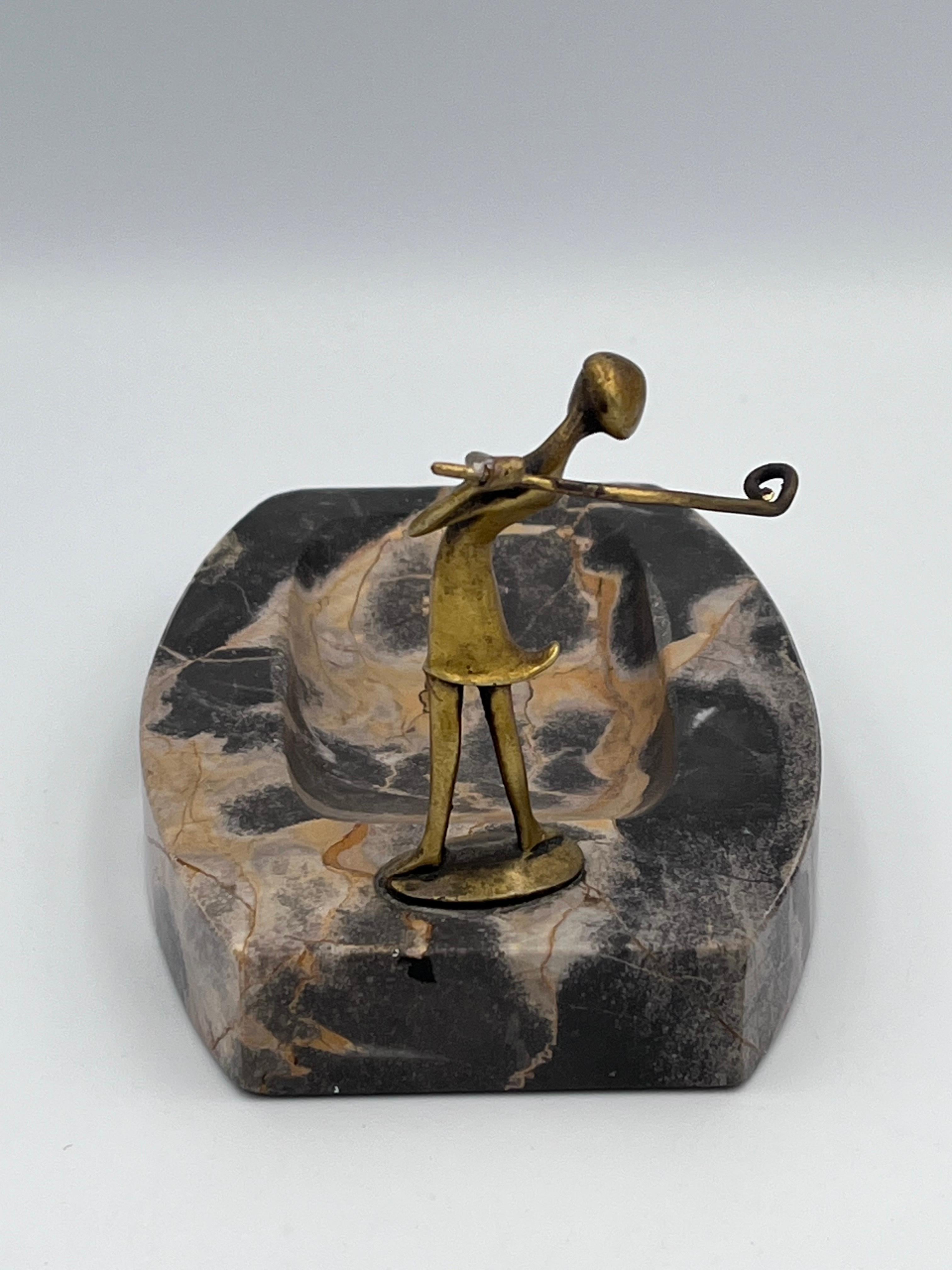 Carved 1920's Art Deco Karl Hagenauer Lady Golfer Bronze & Marble Vide Poche or Ashtray For Sale
