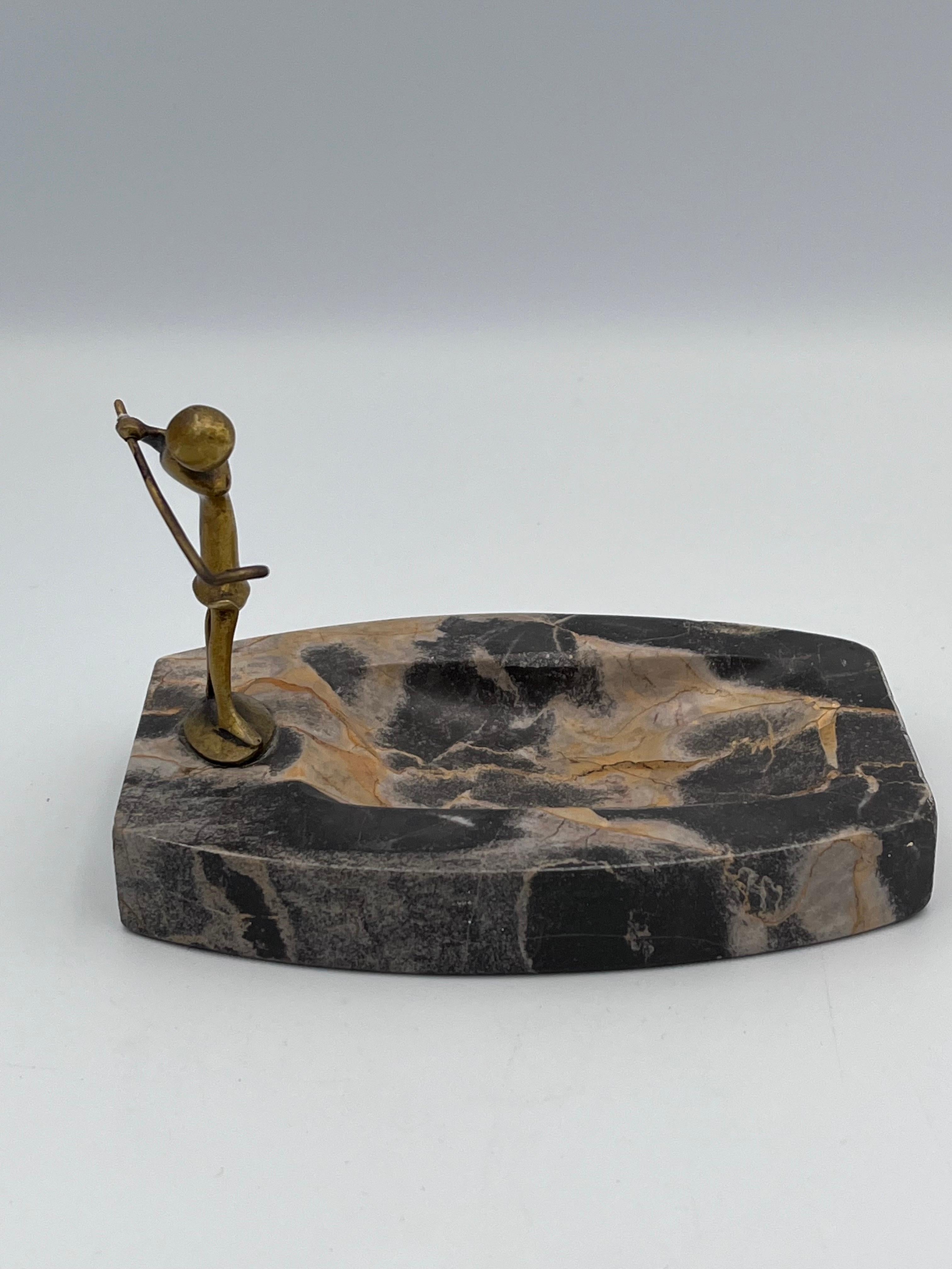 Early 20th Century 1920's Art Deco Karl Hagenauer Lady Golfer Bronze & Marble Vide Poche or Ashtray For Sale