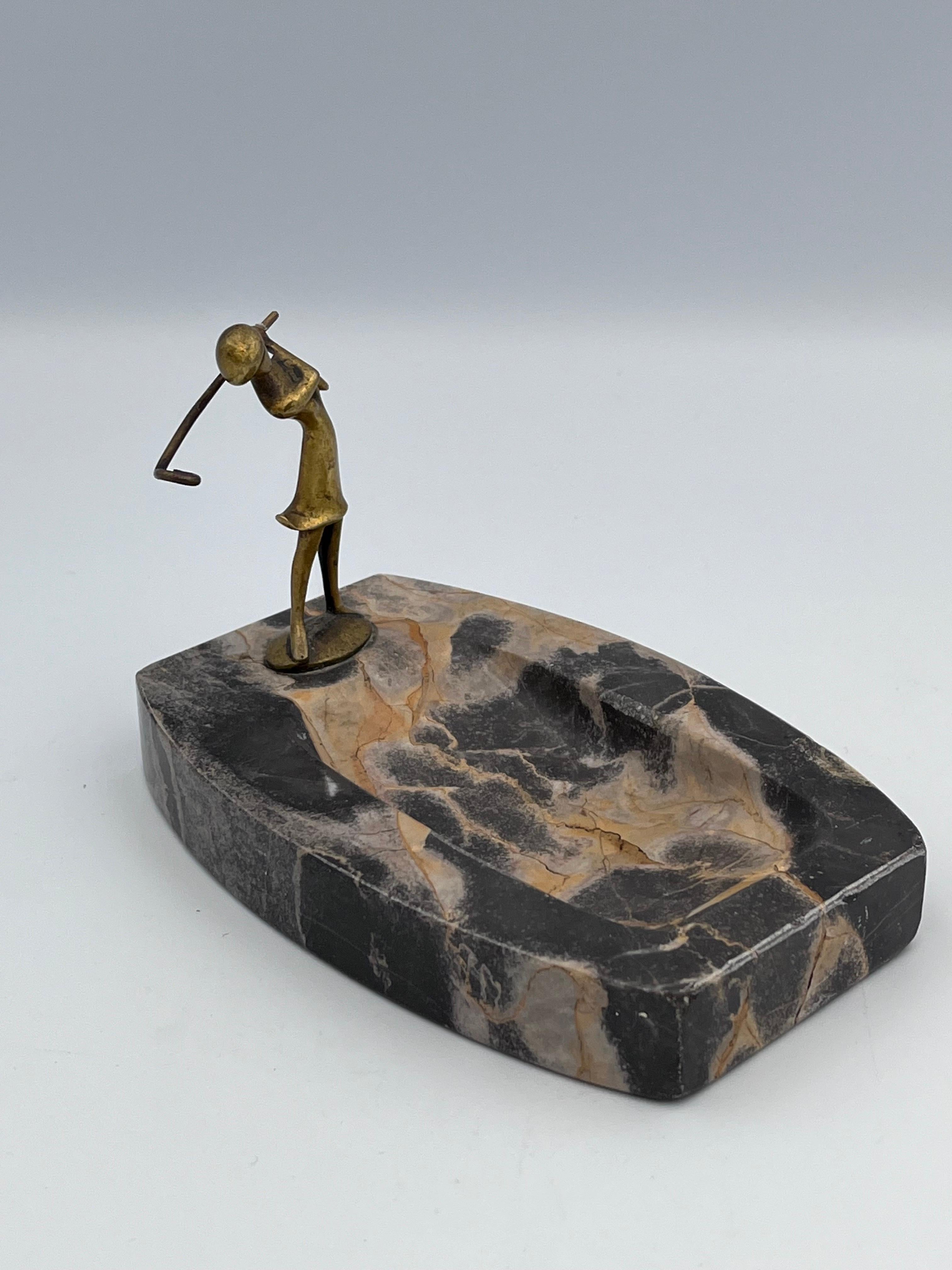 1920's Art Deco Karl Hagenauer Lady Golfer Bronze & Marble Vide Poche or Ashtray For Sale 1
