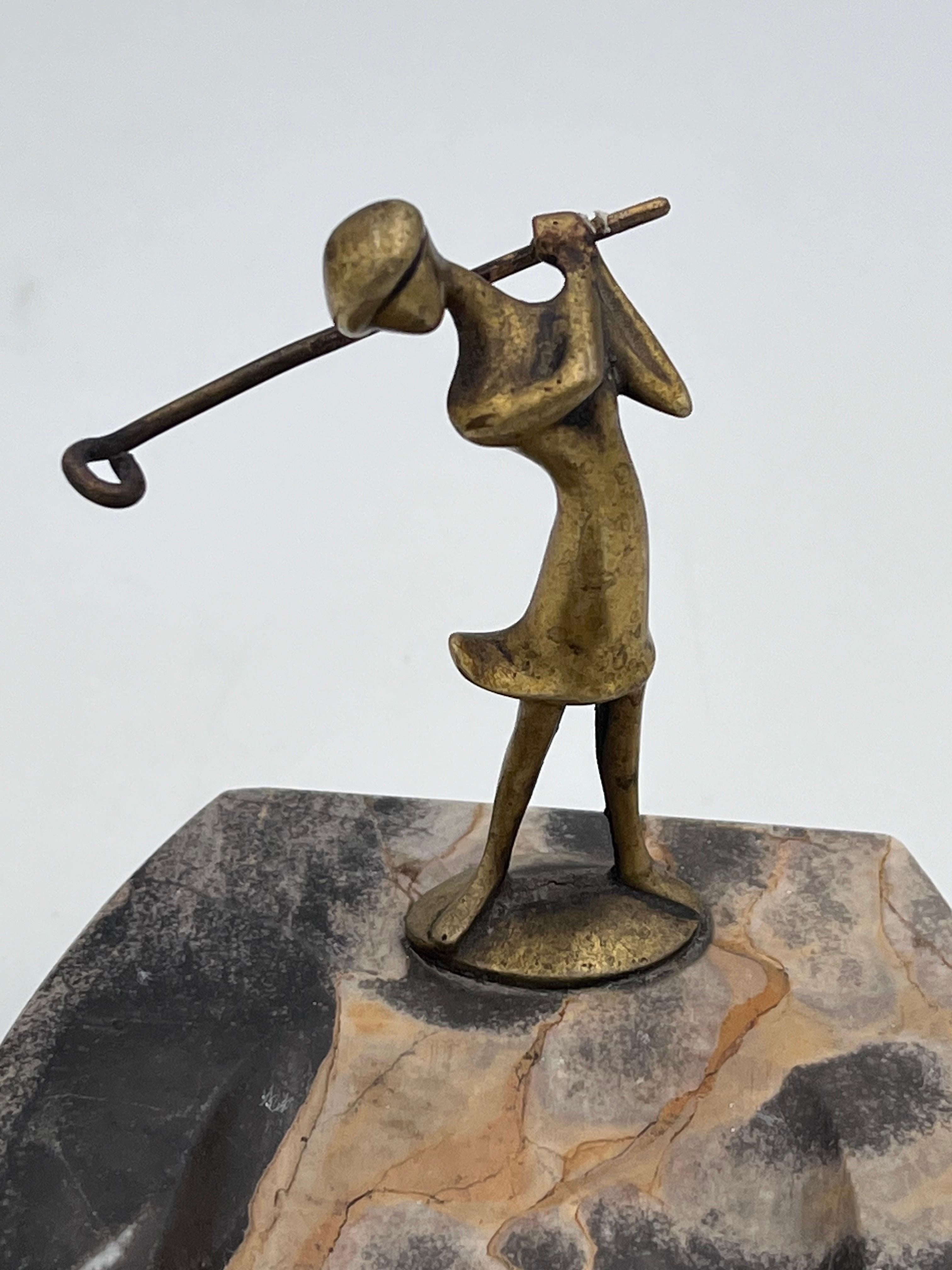 1920's Art Deco Karl Hagenauer Lady Golfer Bronze & Marble Vide Poche or Ashtray For Sale 2