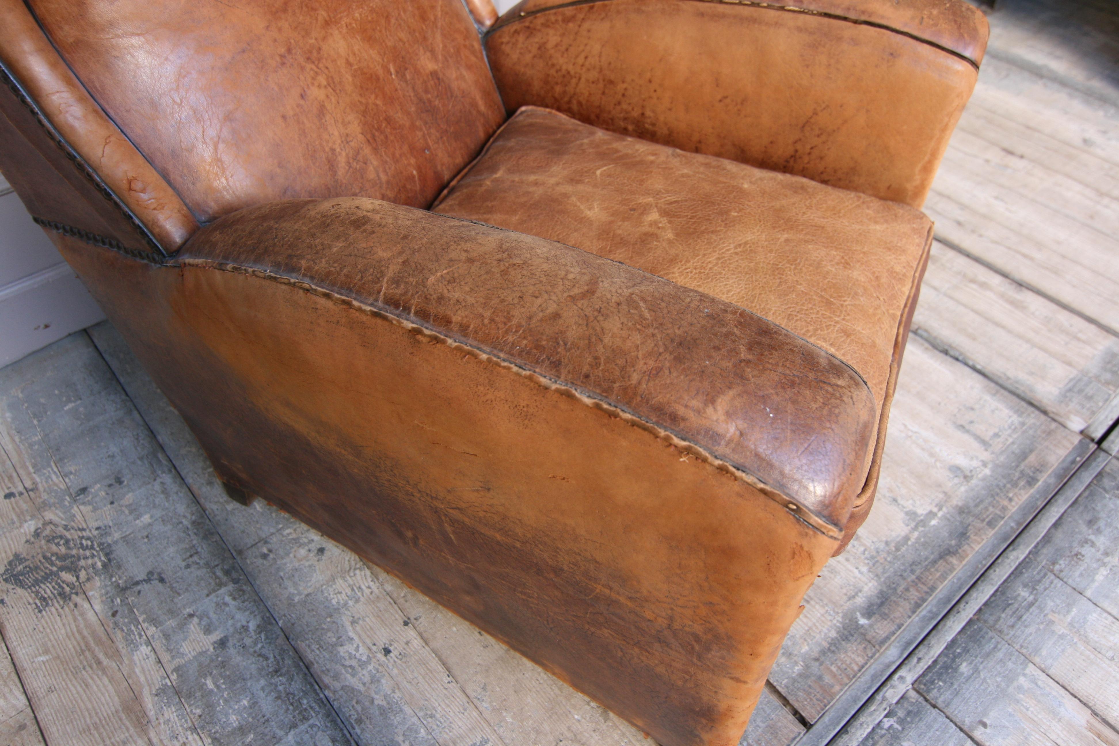 French 1920s Art Deco Brown Leather Armchair. Vintage European Club Chairs 6
