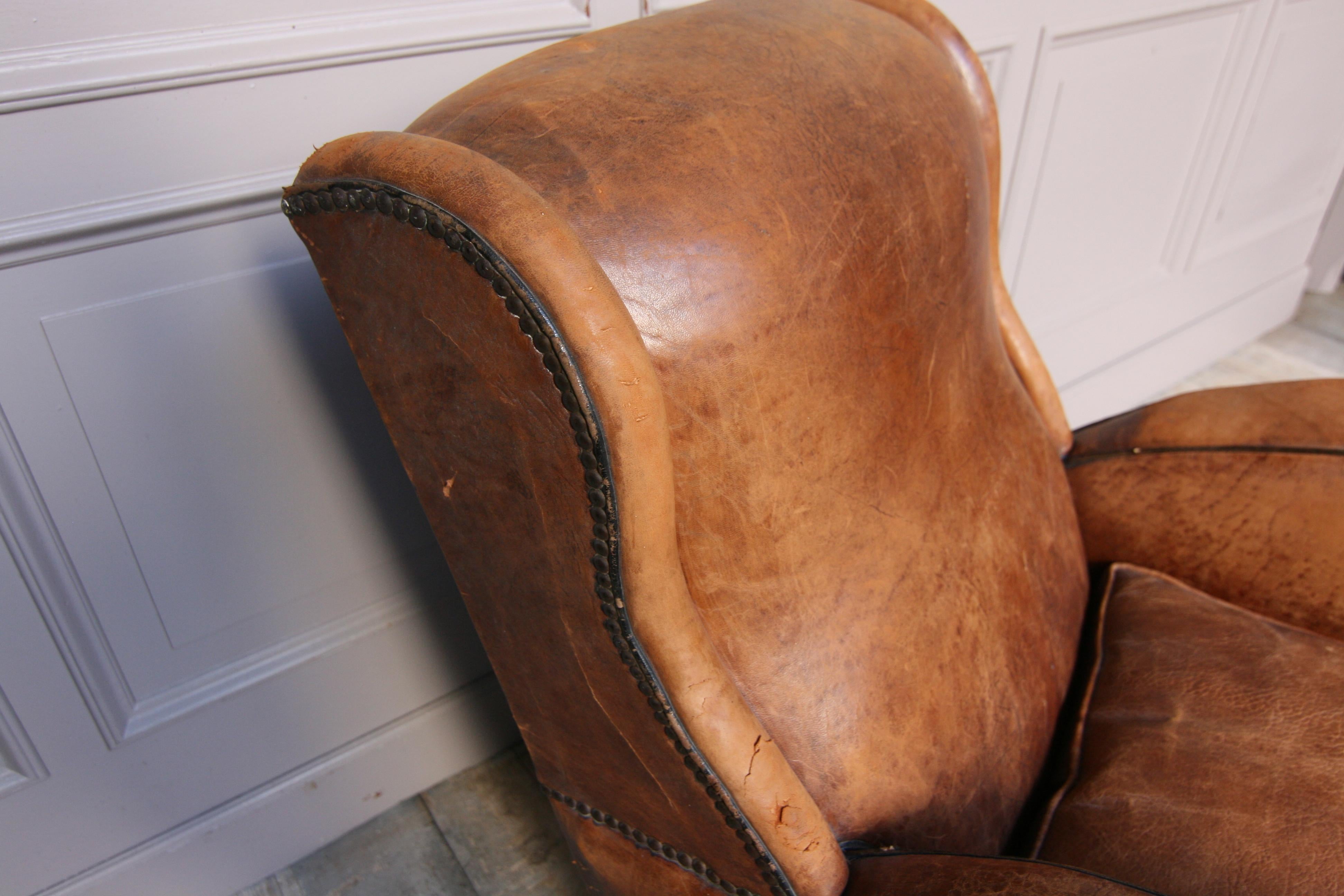 French 1920s Art Deco Brown Leather Armchair. Vintage European Club Chairs 7