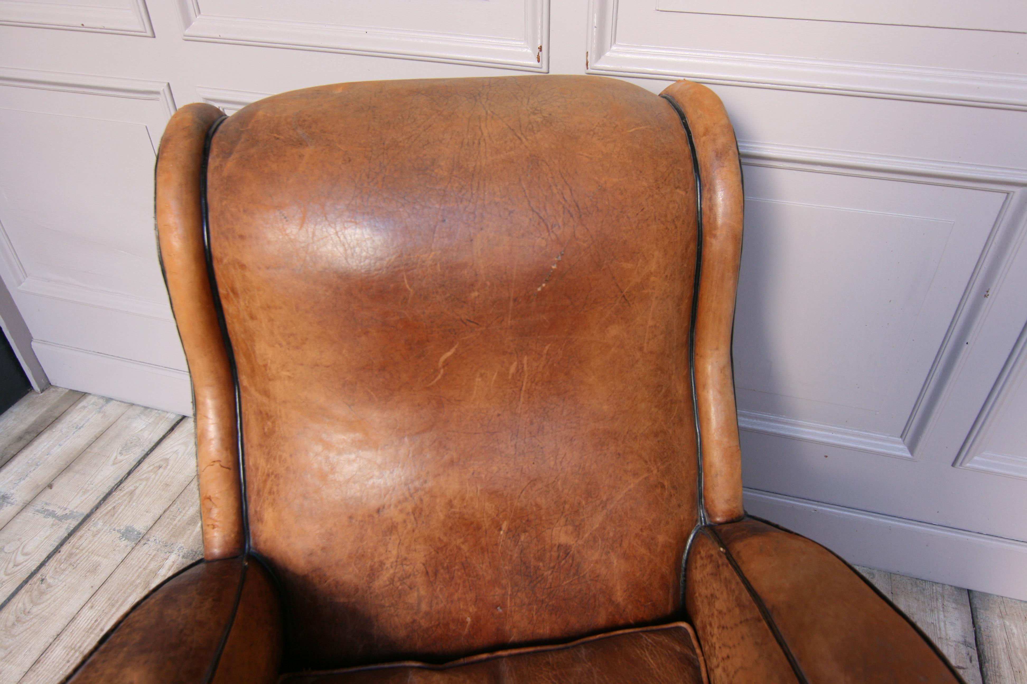 French 1920s Art Deco Brown Leather Armchair. Vintage European Club Chairs 8