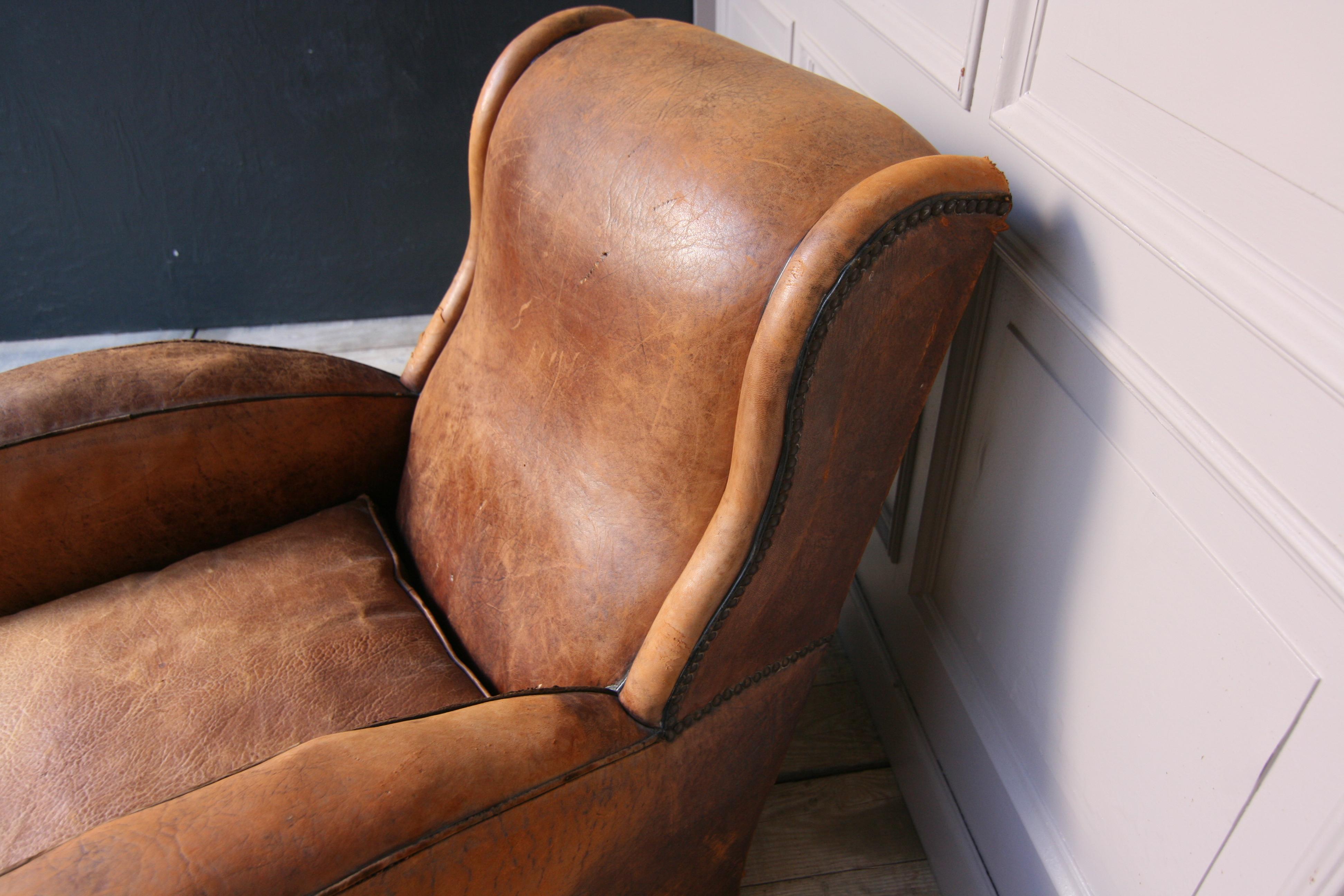 French 1920s Art Deco Brown Leather Armchair. Vintage European Club Chairs 9