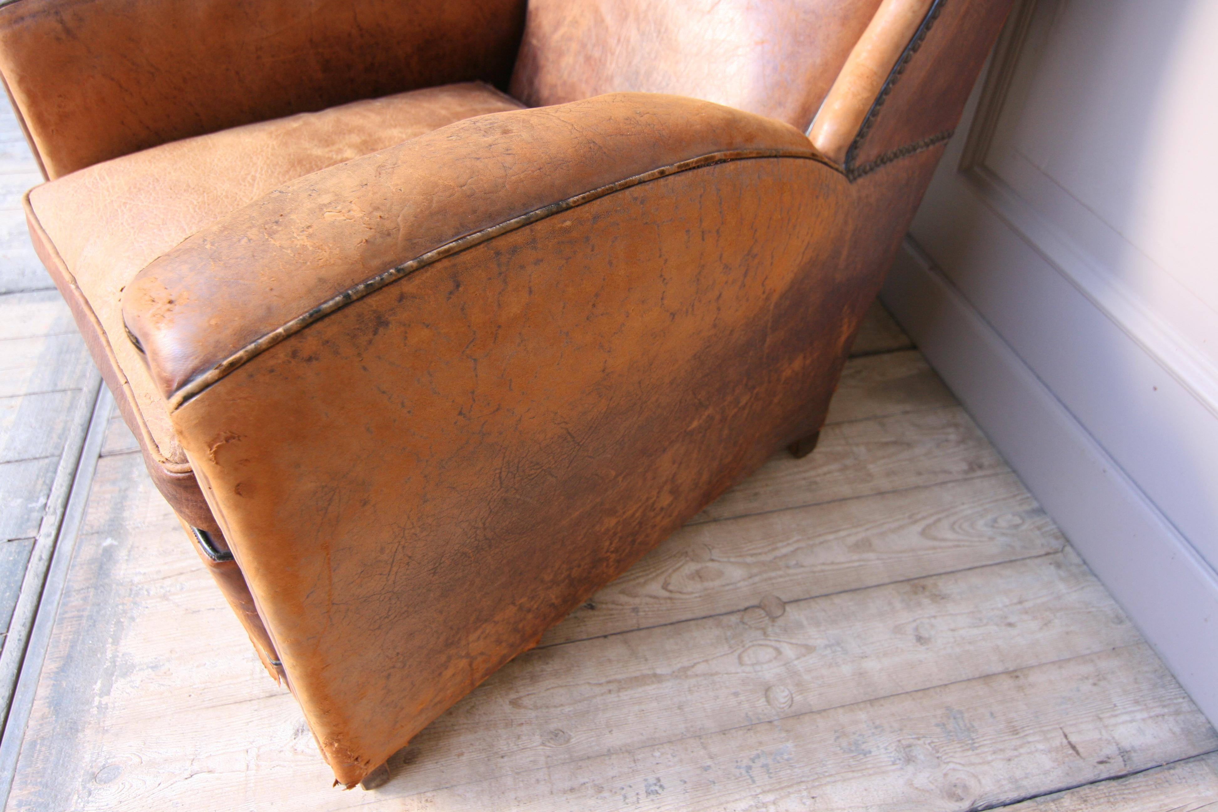 French 1920s Art Deco Brown Leather Armchair. Vintage European Club Chairs 10
