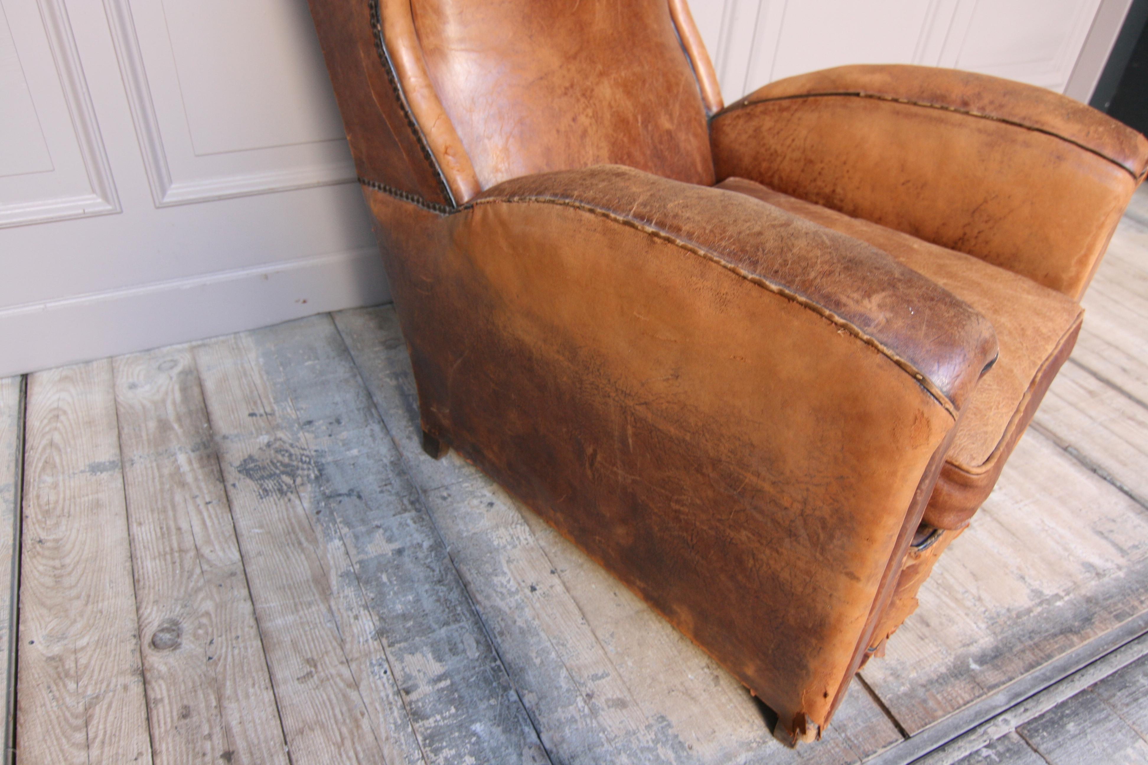 French 1920s Art Deco Brown Leather Armchair. Vintage European Club Chairs 11