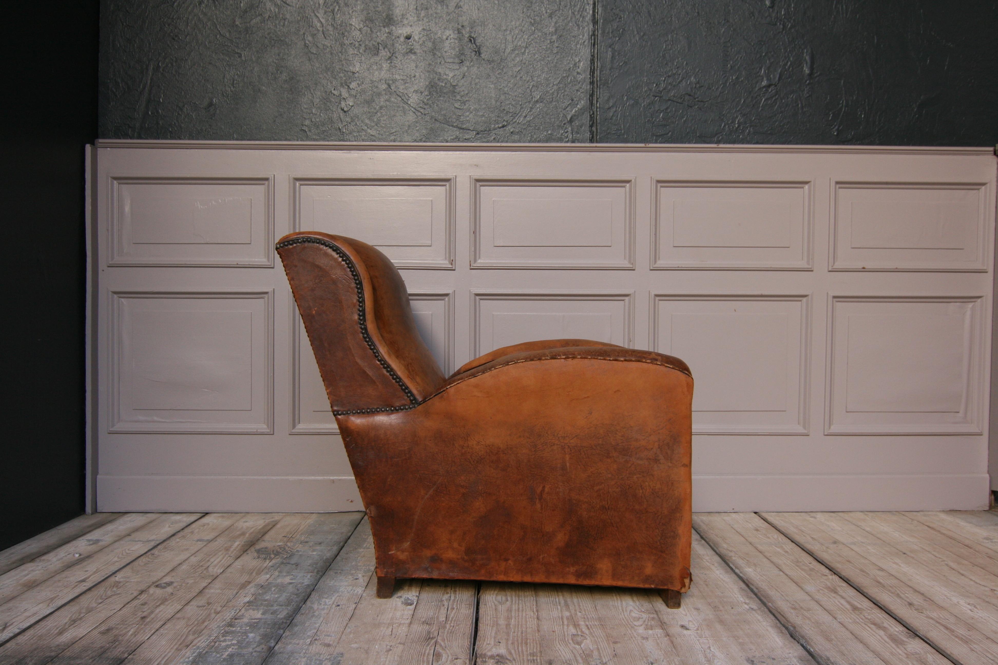 Early 20th Century French 1920s Art Deco Brown Leather Armchair. Vintage European Club Chairs