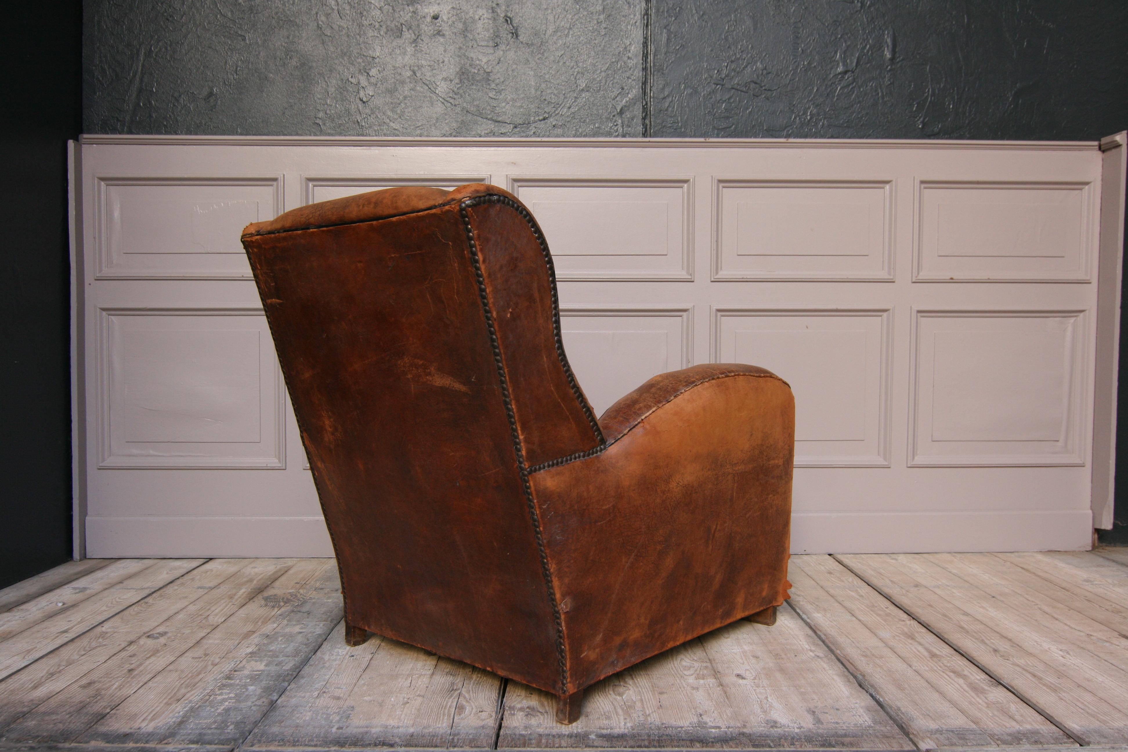 French 1920s Art Deco Brown Leather Armchair. Vintage European Club Chairs 1