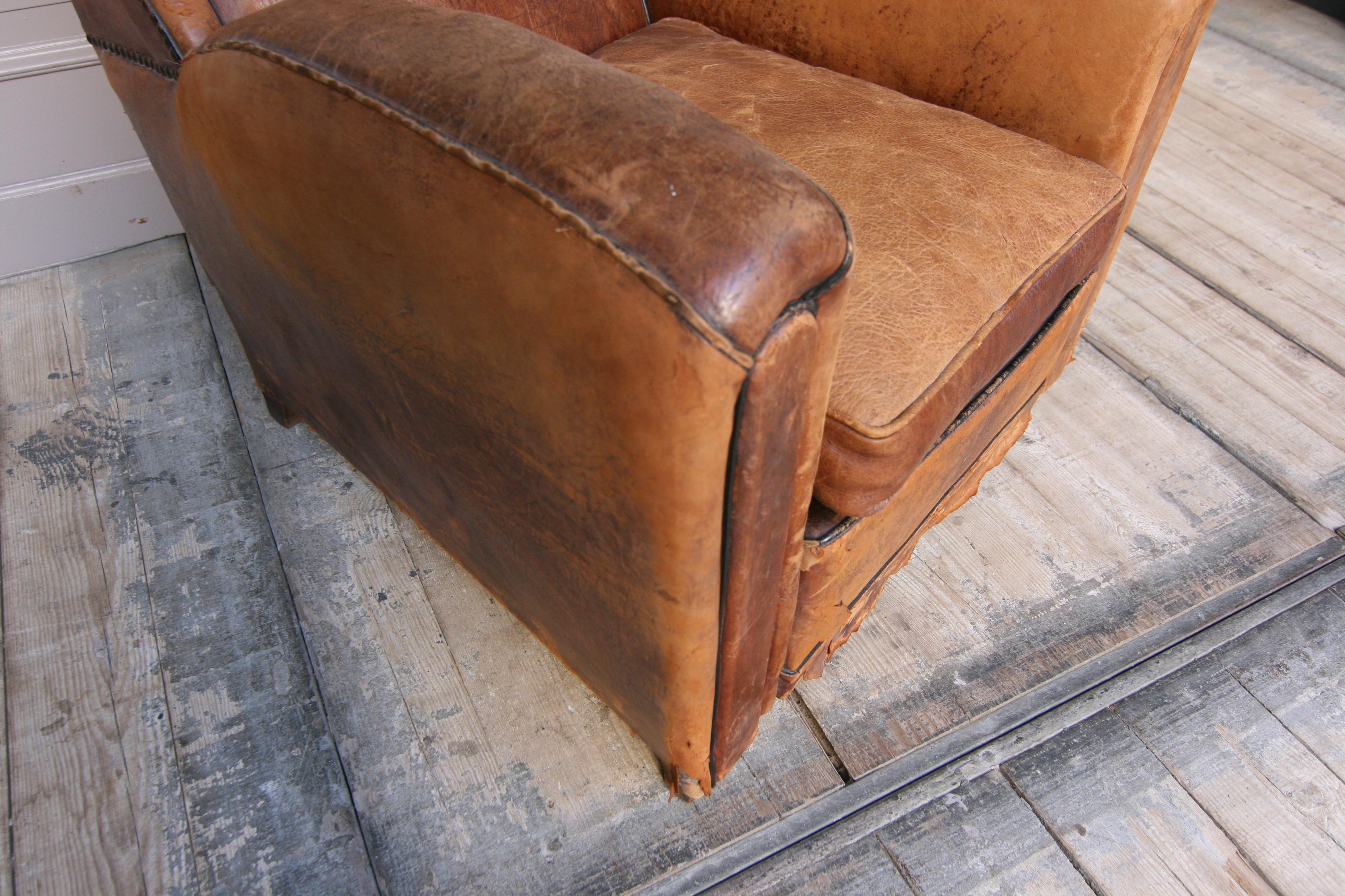 French 1920s Art Deco Brown Leather Armchair. Vintage European Club Chairs 2