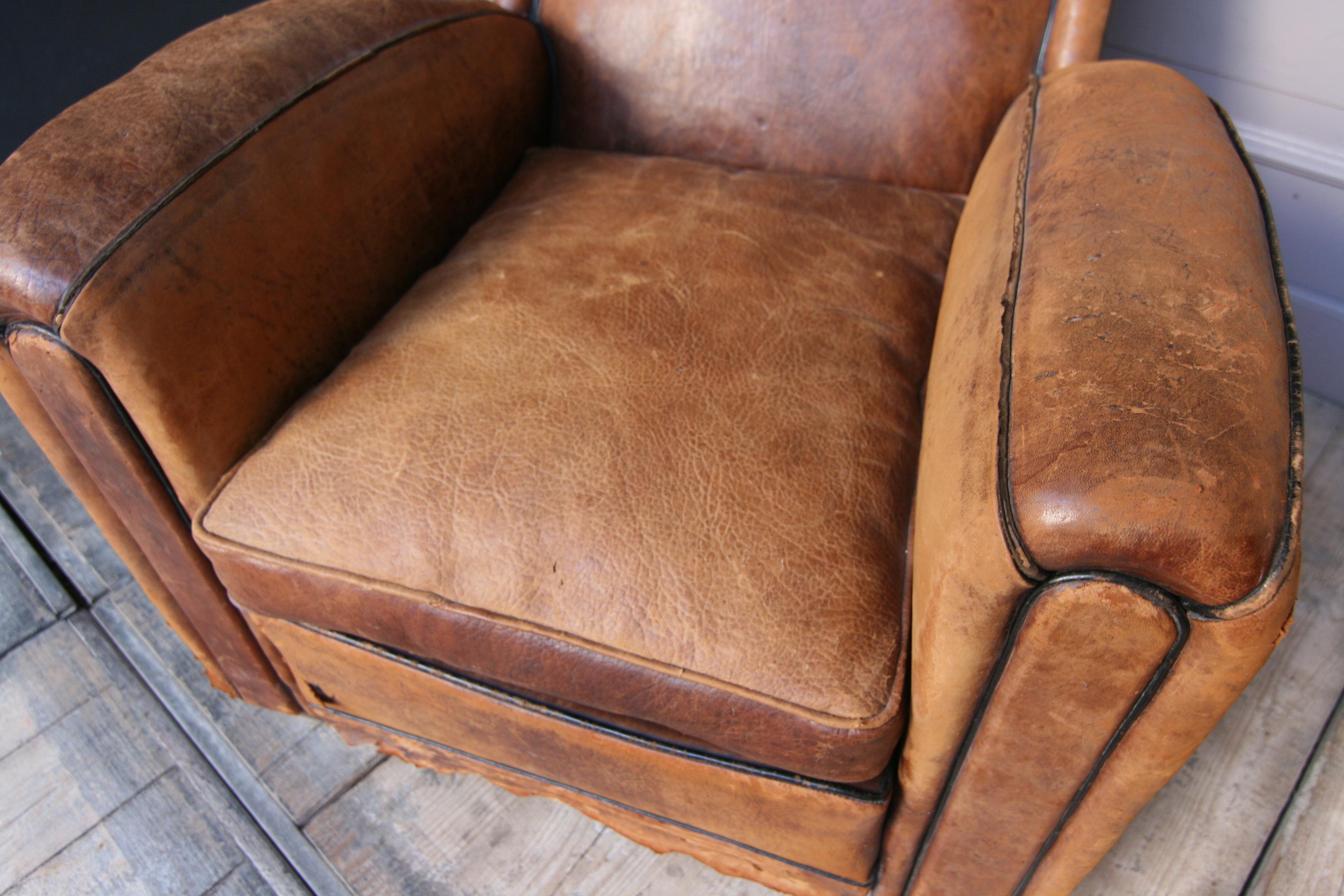 French 1920s Art Deco Brown Leather Armchair. Vintage European Club Chairs 4