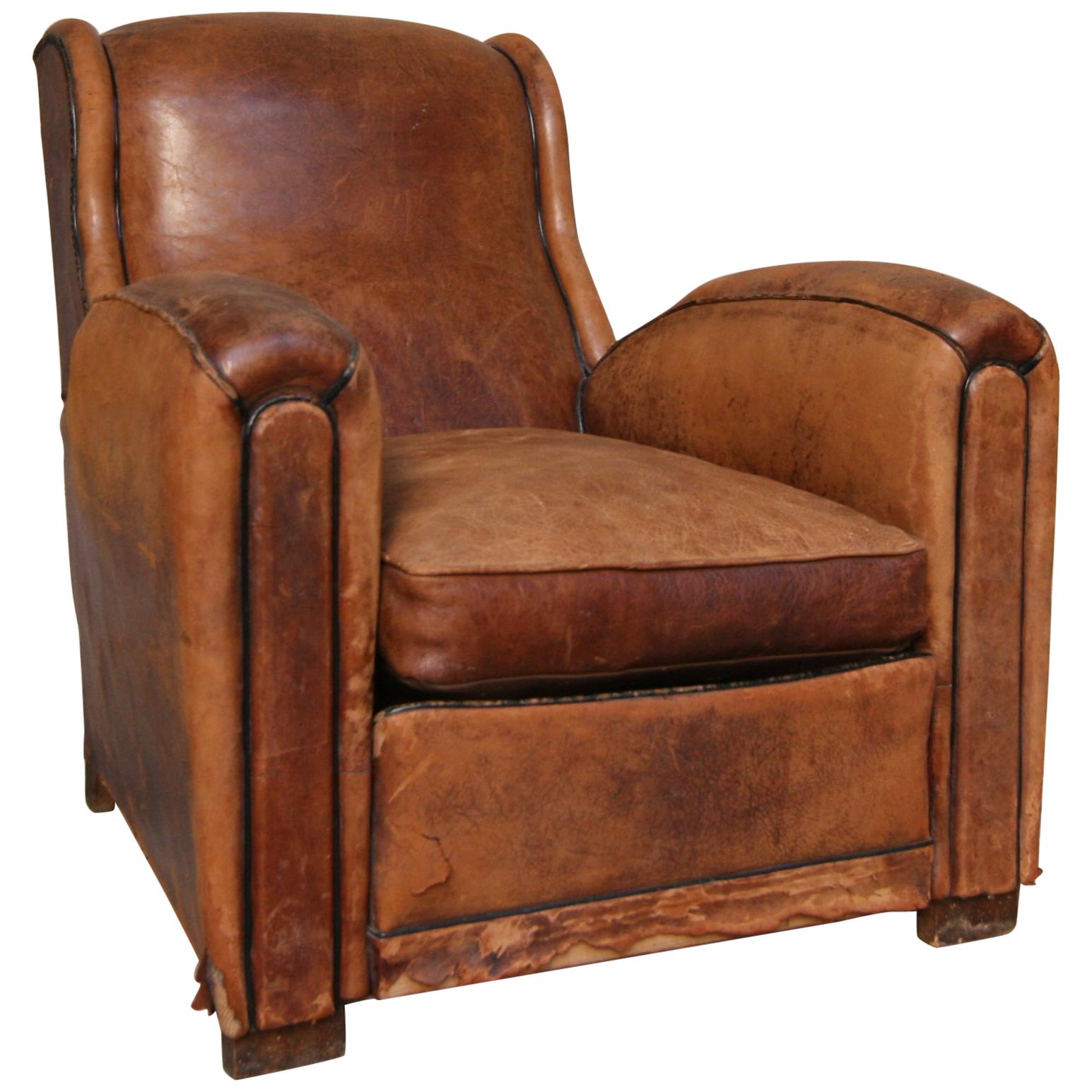 French 1920s Art Deco Brown Leather Armchair. Vintage European Club Chairs