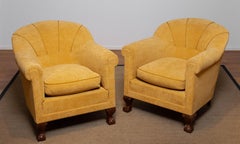 Pair Art Deco Lounge / Club Chairs in Yellow Velvet by Carl Johansons Stockholm