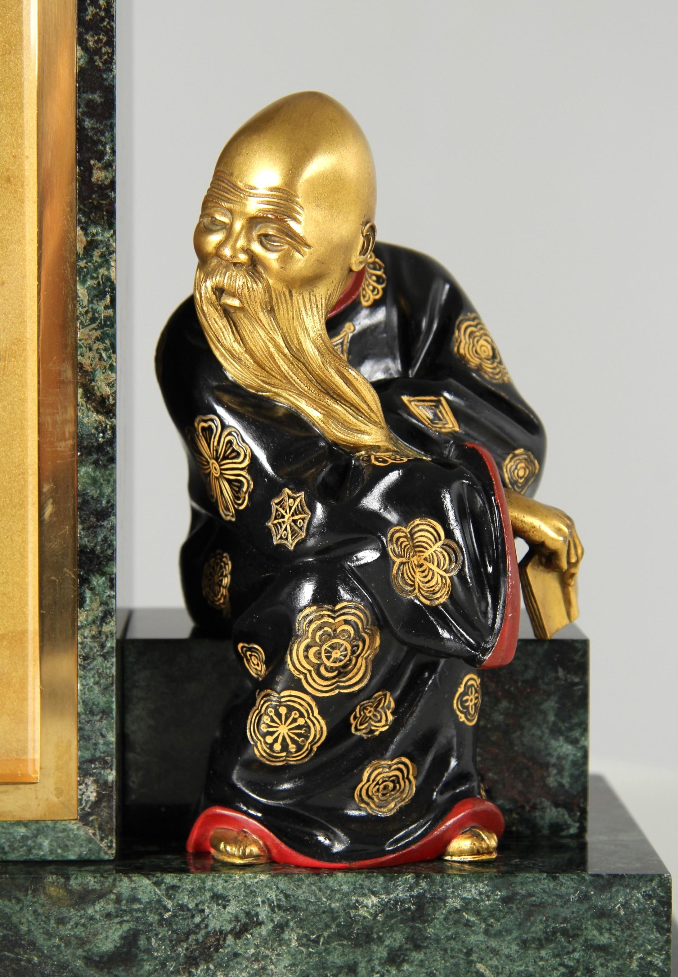 Brass 1920s Art Deco Mantel Clock with Chinoiserie, Made in France