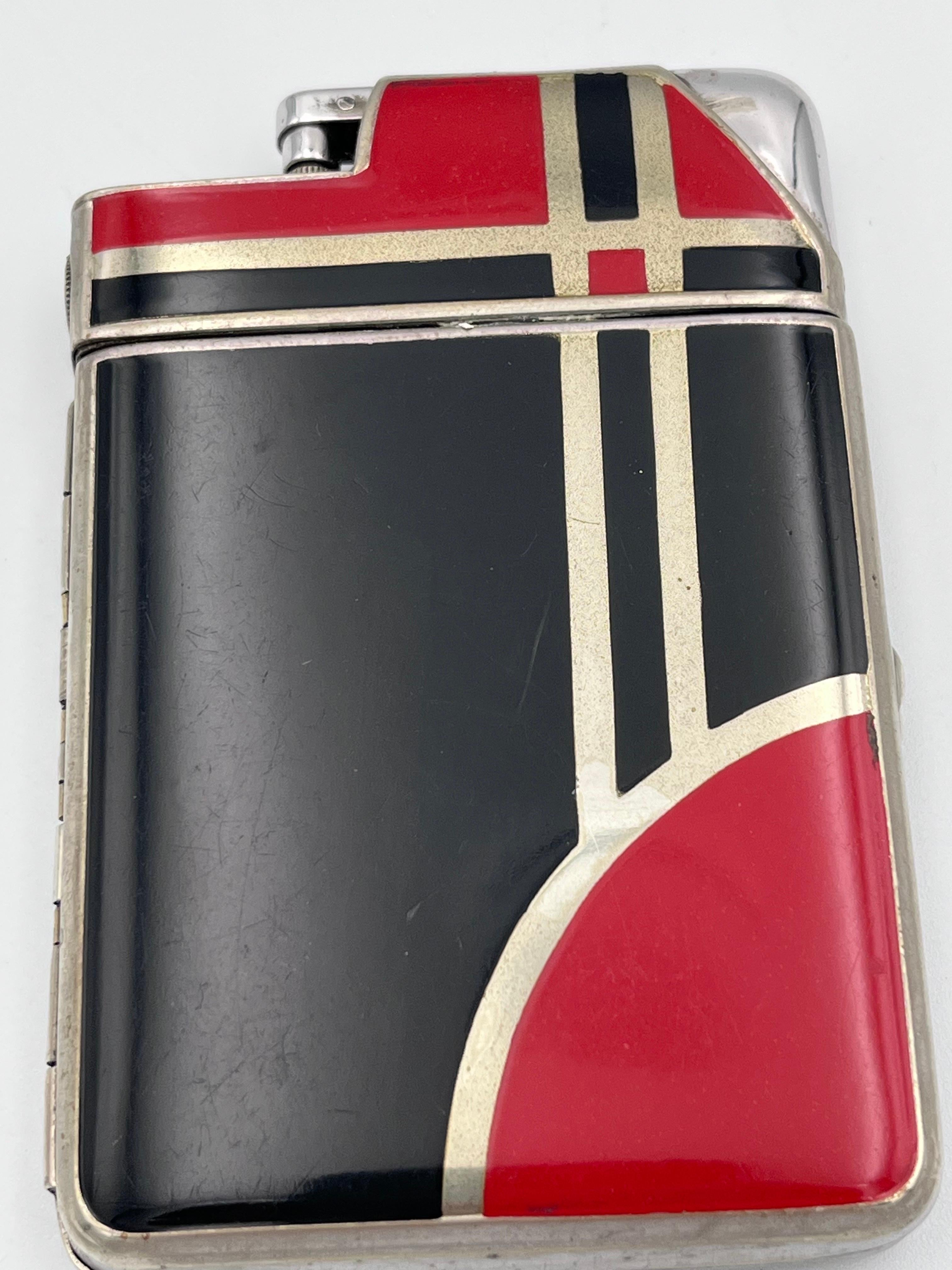 1920's Art Deco Marathon Red and Black Enamel Combo Cigarette Case and Lighter For Sale 5