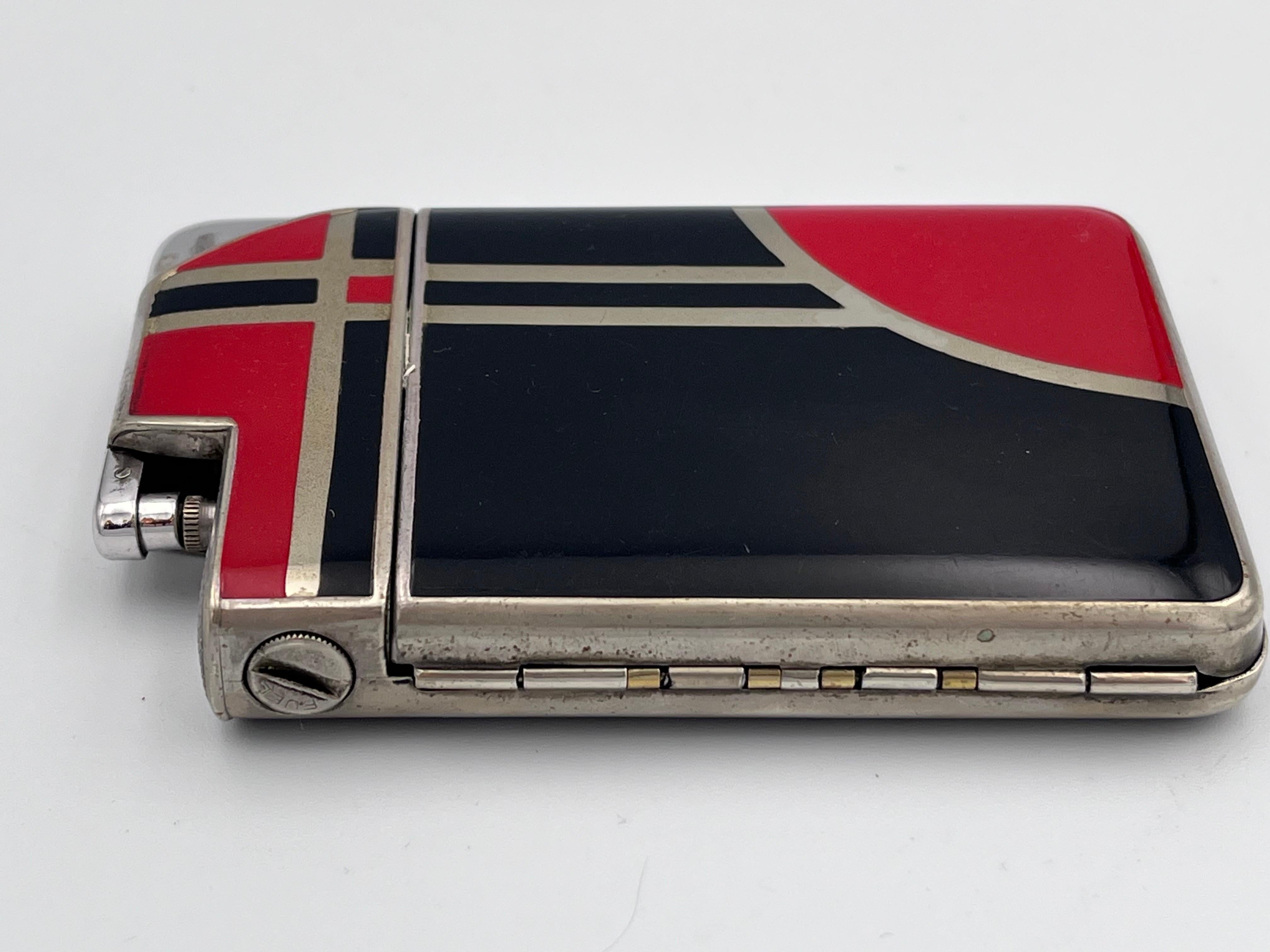 Early 20th Century 1920's Art Deco Marathon Red and Black Enamel Combo Cigarette Case and Lighter For Sale