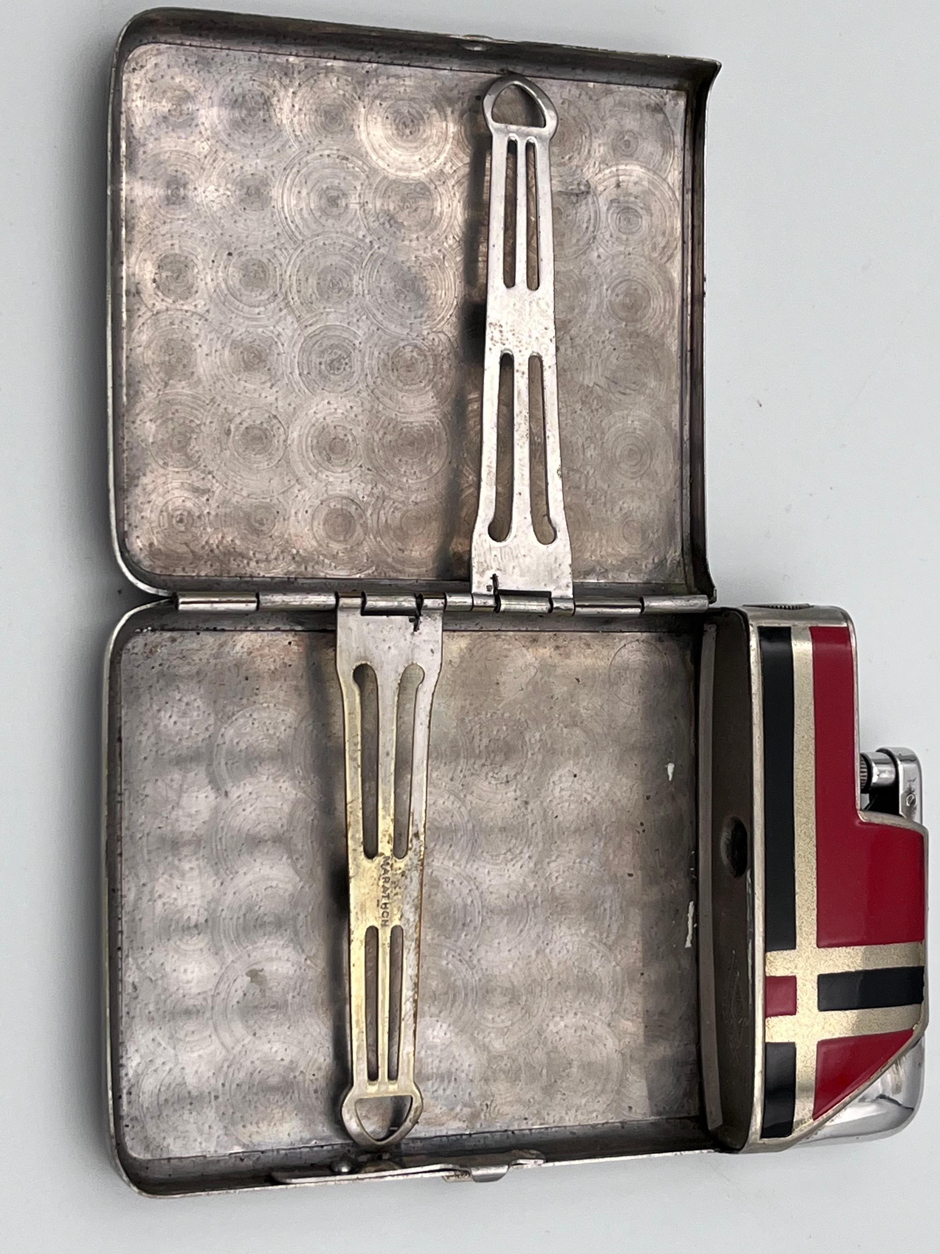 Metal 1920's Art Deco Marathon Red and Black Enamel Combo Cigarette Case and Lighter For Sale