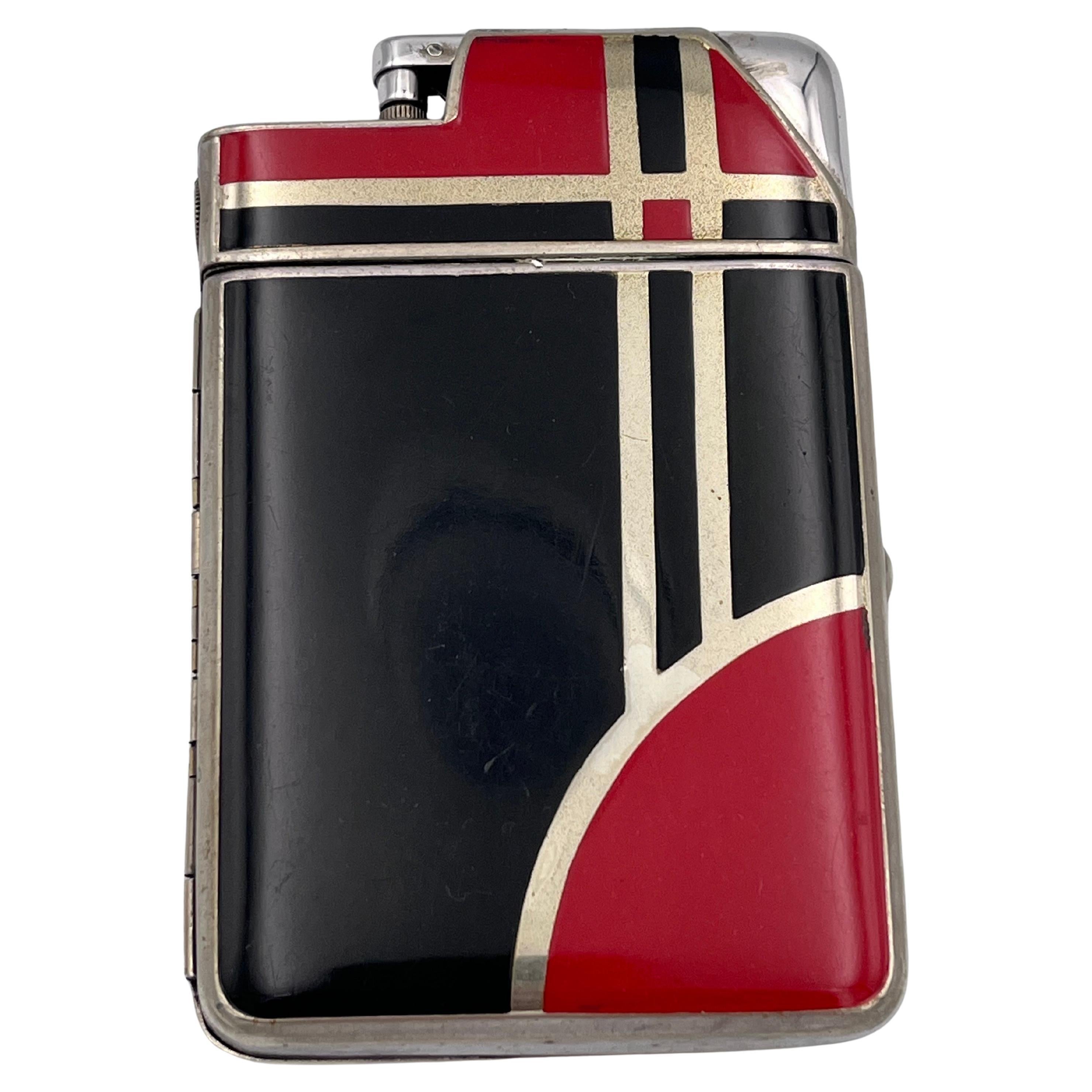 1920's Art Deco Marathon Red and Black Enamel Combo Cigarette Case and Lighter For Sale