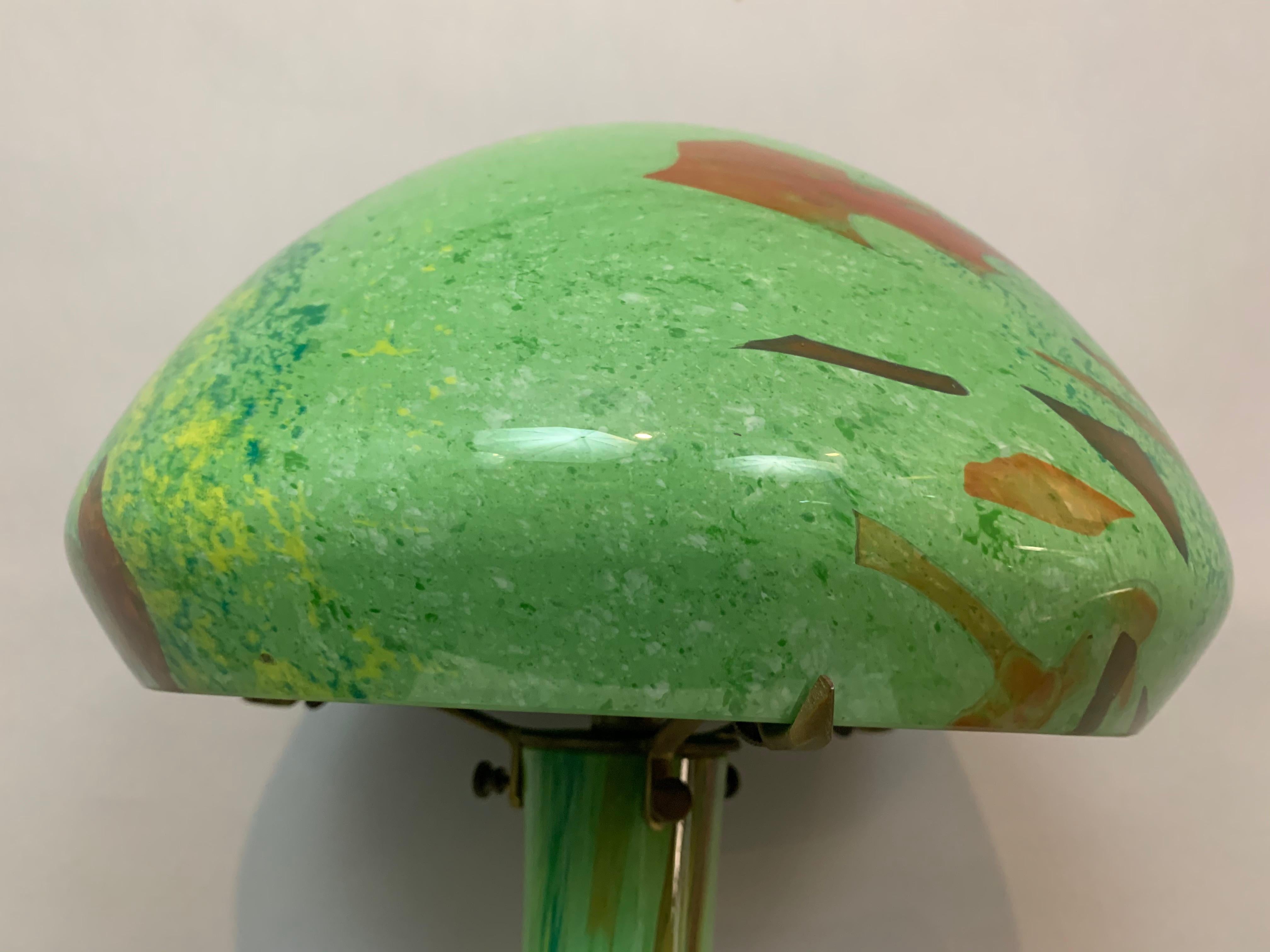 Brass 1920s Art Deco Murano Glass Domed Mushroom Green Fish Aquarium Table Lamp