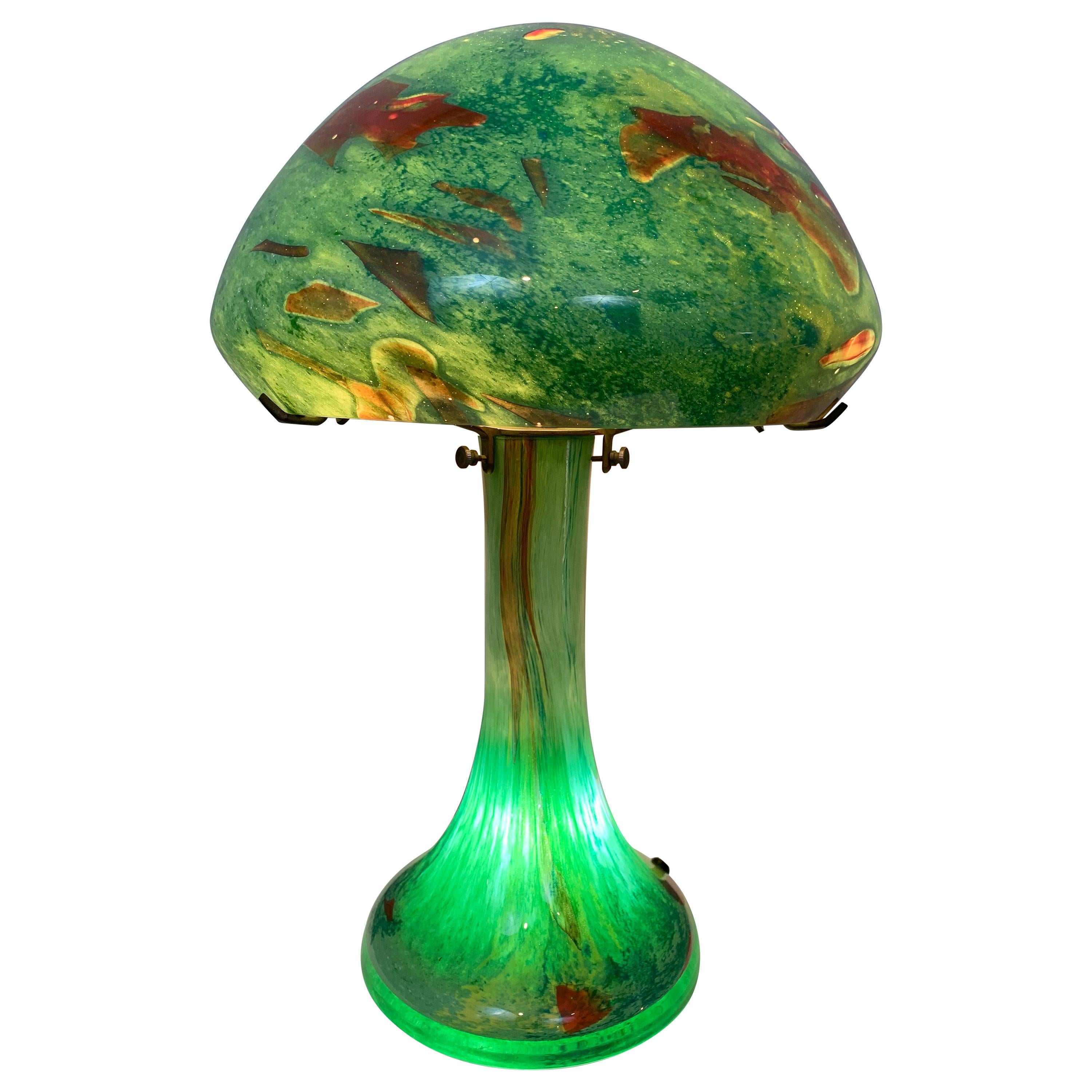 1920s Art Deco Murano Glass Domed Mushroom Green Fish Aquarium Table Lamp
