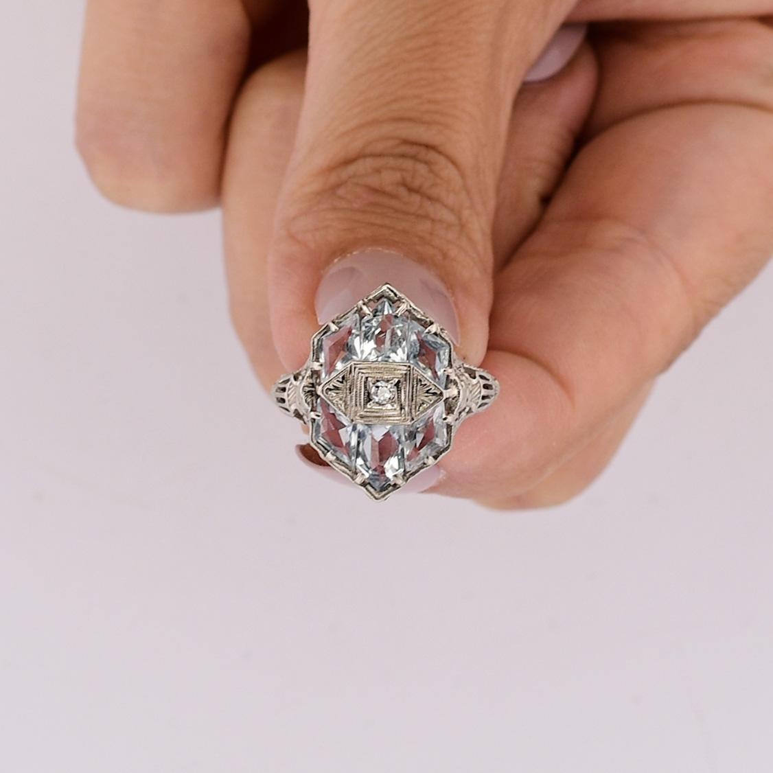 1920'S Art Deco Natürlicher Aquamarin & Natürlicher Diamant Filigraner Ring 4