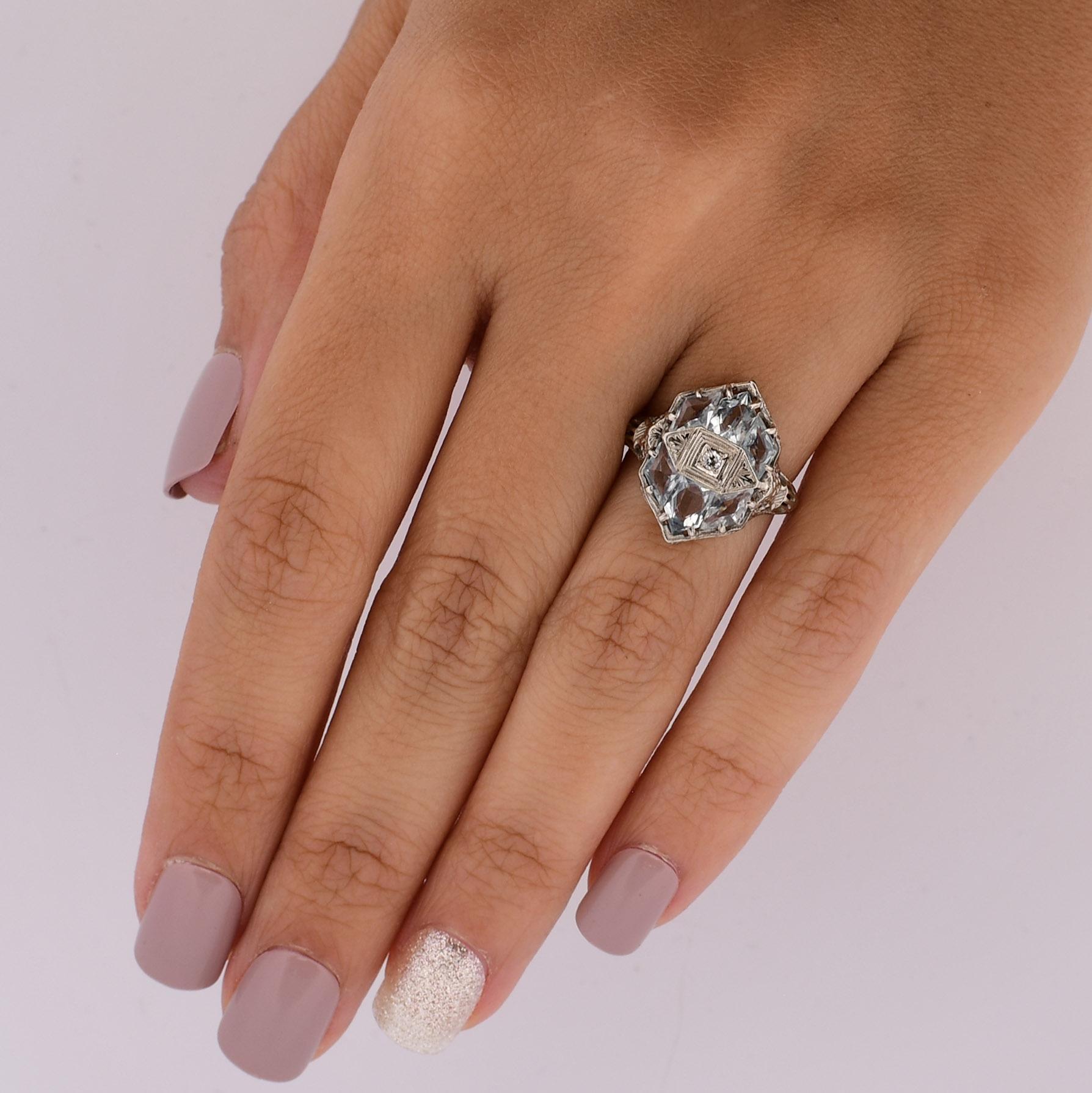 1920'S Art Deco Natürlicher Aquamarin & Natürlicher Diamant Filigraner Ring Damen
