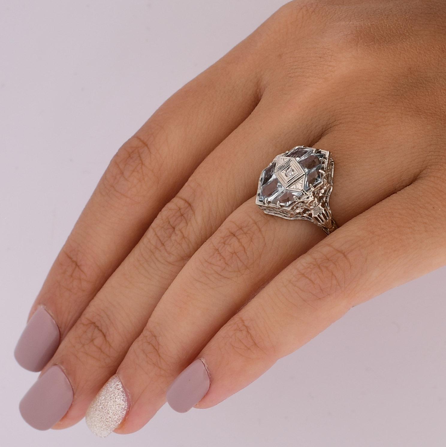 1920'S Art Deco Natürlicher Aquamarin & Natürlicher Diamant Filigraner Ring 2