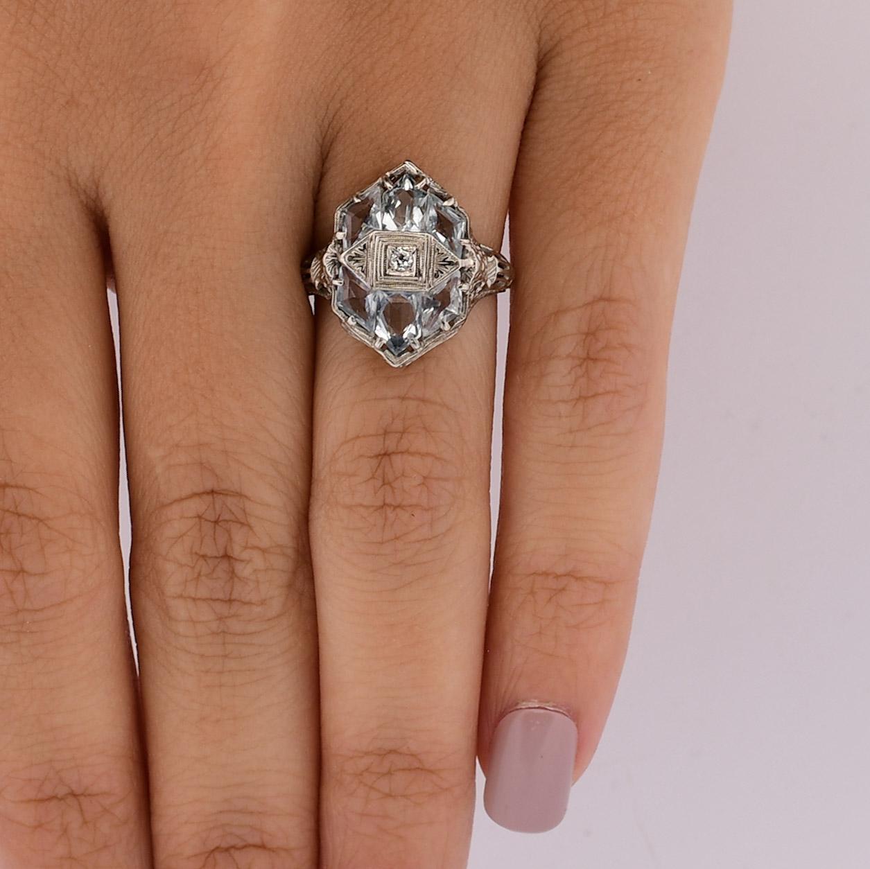1920'S Art Deco Natürlicher Aquamarin & Natürlicher Diamant Filigraner Ring 3