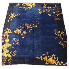 1920s Art Deco Nichols Chinese Art Deco Blue Botanical Rug 10x12