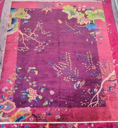 1920s Art Deco Nichols Chinese Burgandy Botanical Rug 9x11.6