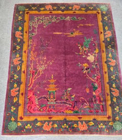 1920s Art Deco Nichols Chinese Burgandy Botanical Rug 9x11.6