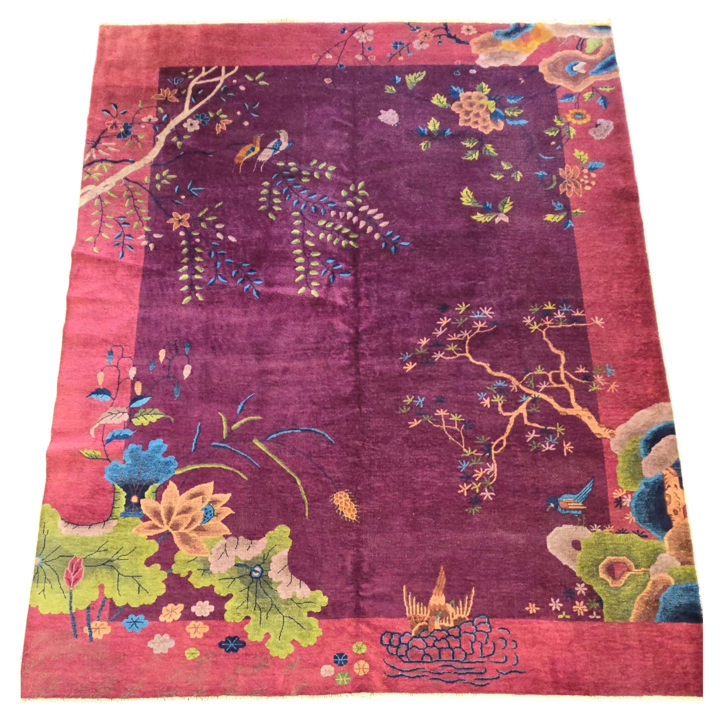 1920s Art Deco Nichols Alfombra Botánica China Burdeos 9x11.6