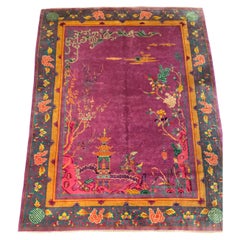 1920s Art Deco Nichols Chinese Burgandy Botanical Rug 9x11.6