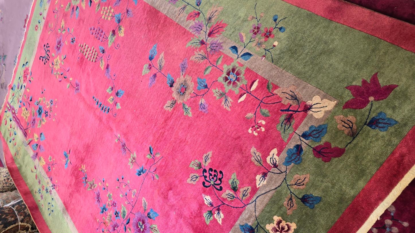 1920s Art Deco Nichols Alfombra Floral China rosa 9x11.6 Lana en venta