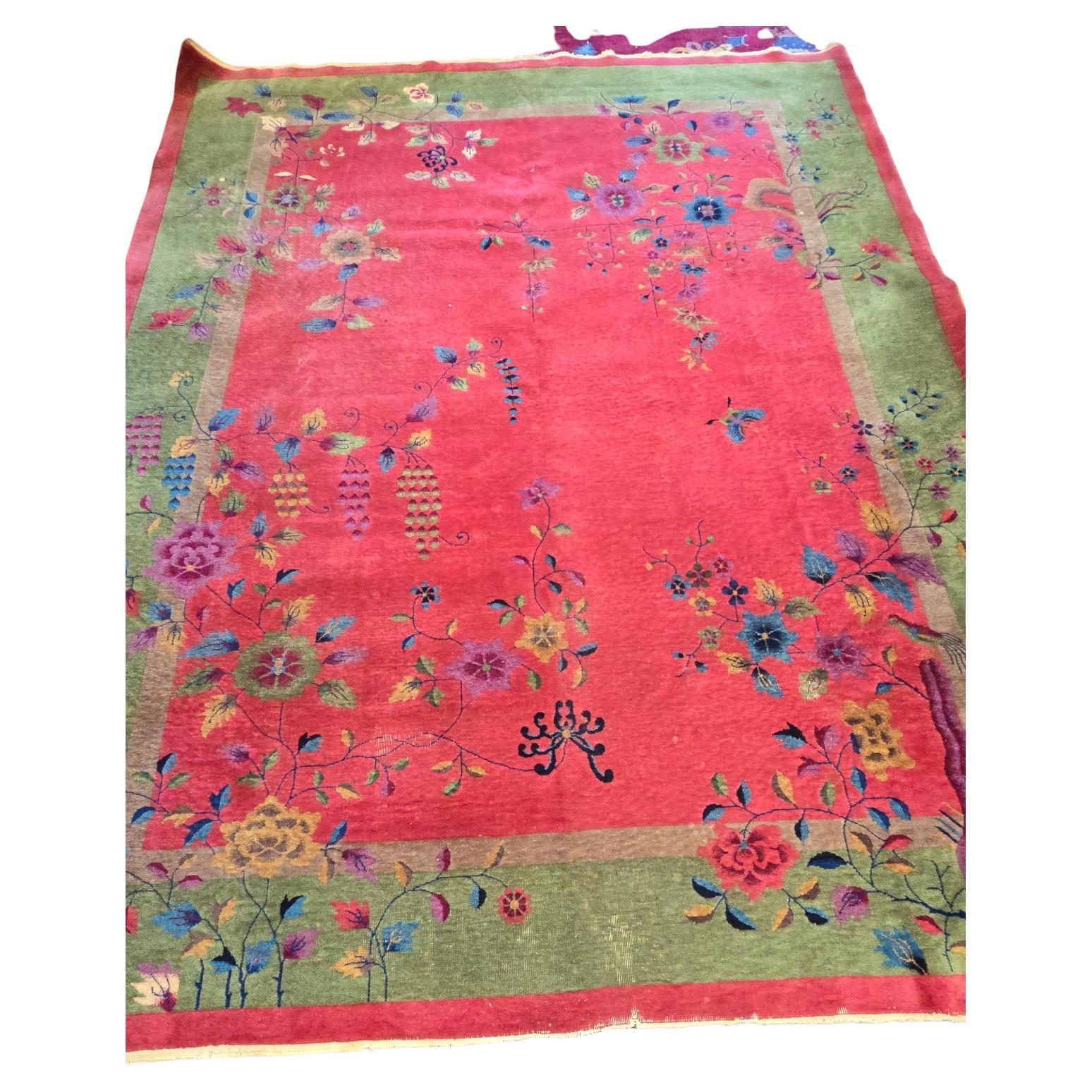 1920s Art Deco Nichols Alfombra Floral China rosa 9x11.6 en venta