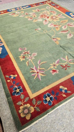 1920s Art Deco Nichols Chinese Green Botanical Rug 9x11.6