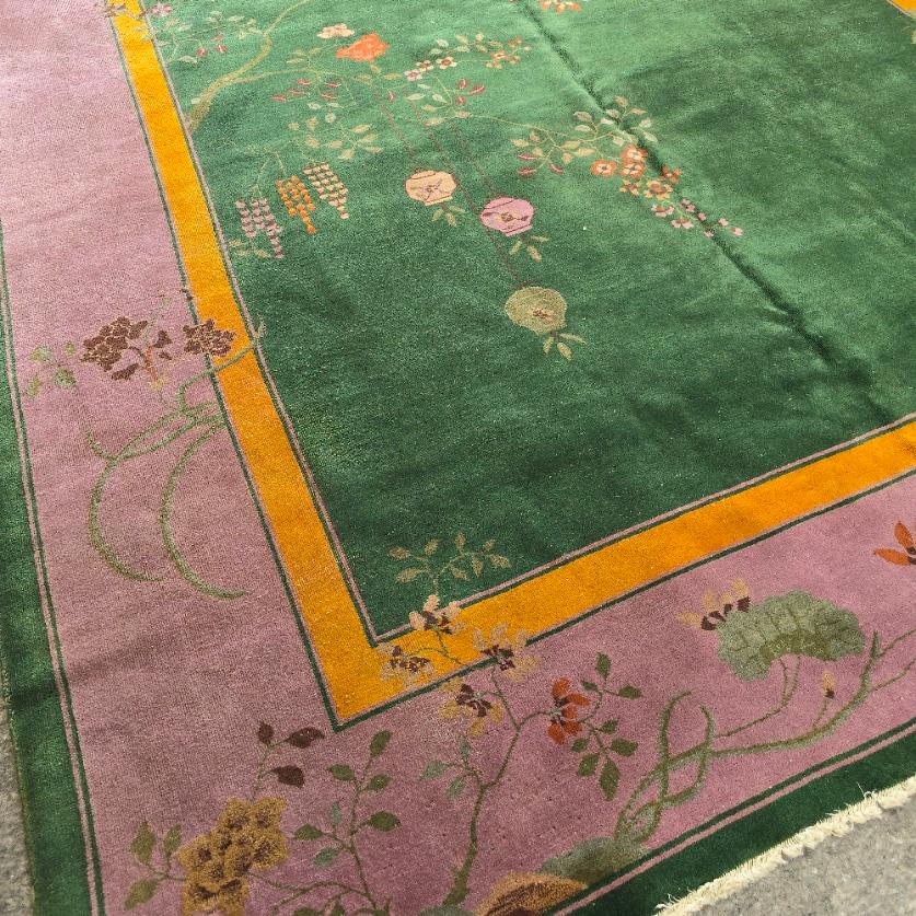 20th Century 1920s Art Deco Nichols Chinese Rug Green & Pink 9x13