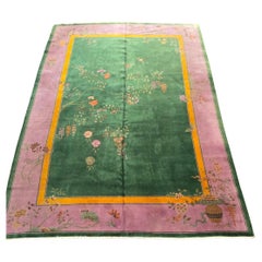 1920s Art Deco Nichols Chinese Rug Green & Pink 9x13