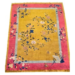 1920s Art Deco Nichols Chinese Yellow Botanical Rug 9x11.6