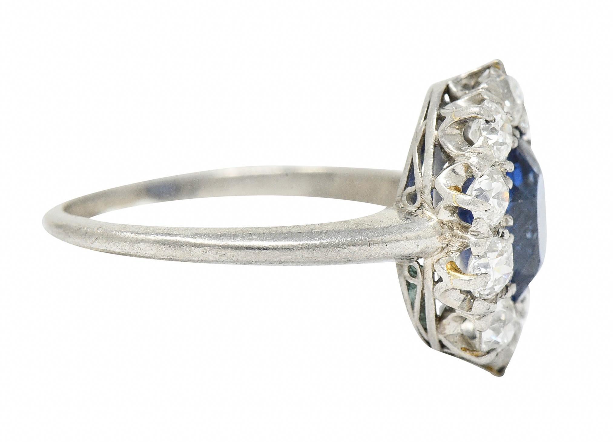 Oval Cut 1920's Art Deco No Heat Ceylon Sapphire Diamond Platinum Cluster Ring GIA