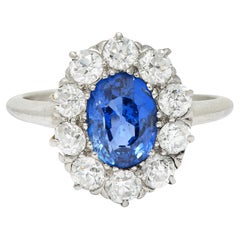 1920's Art Deco No Heat Ceylon Sapphire Diamond Platinum Cluster Ring GIA