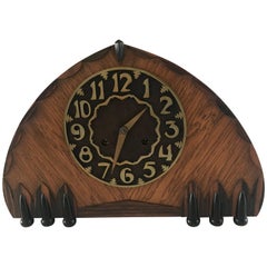 Antique 1920s Art Deco Oak, Macassar, Bronze and Ebonized Elements Mantle or Desk Clock