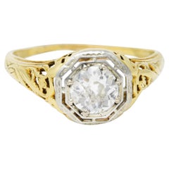 Antique 1920's Art Deco Old European Diamond 14 Karat Gold Floral Engagement Ring