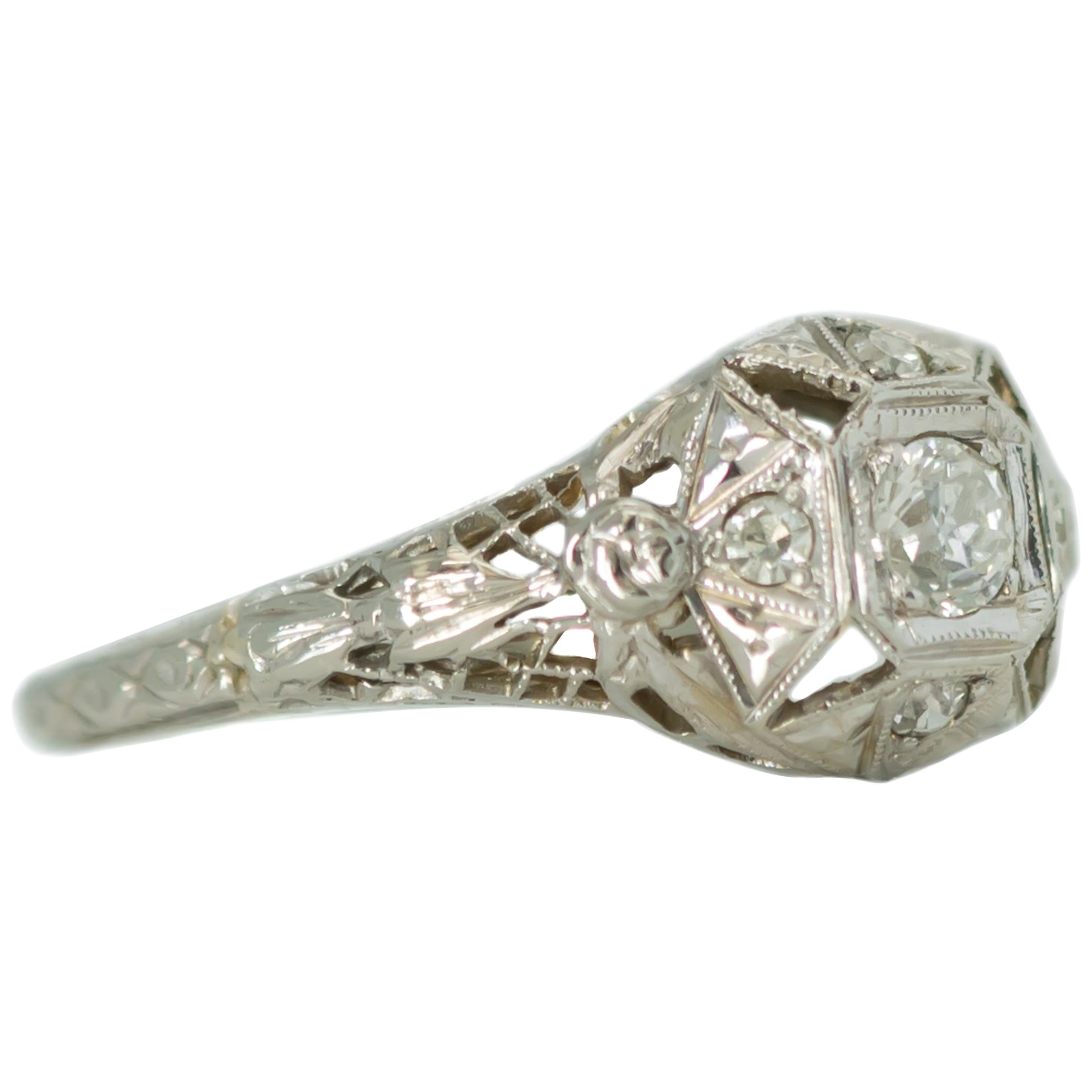 1920s Art Deco Old European Diamond and 18 Karat White Gold Engagement Ring  For Sale at 1stDibs