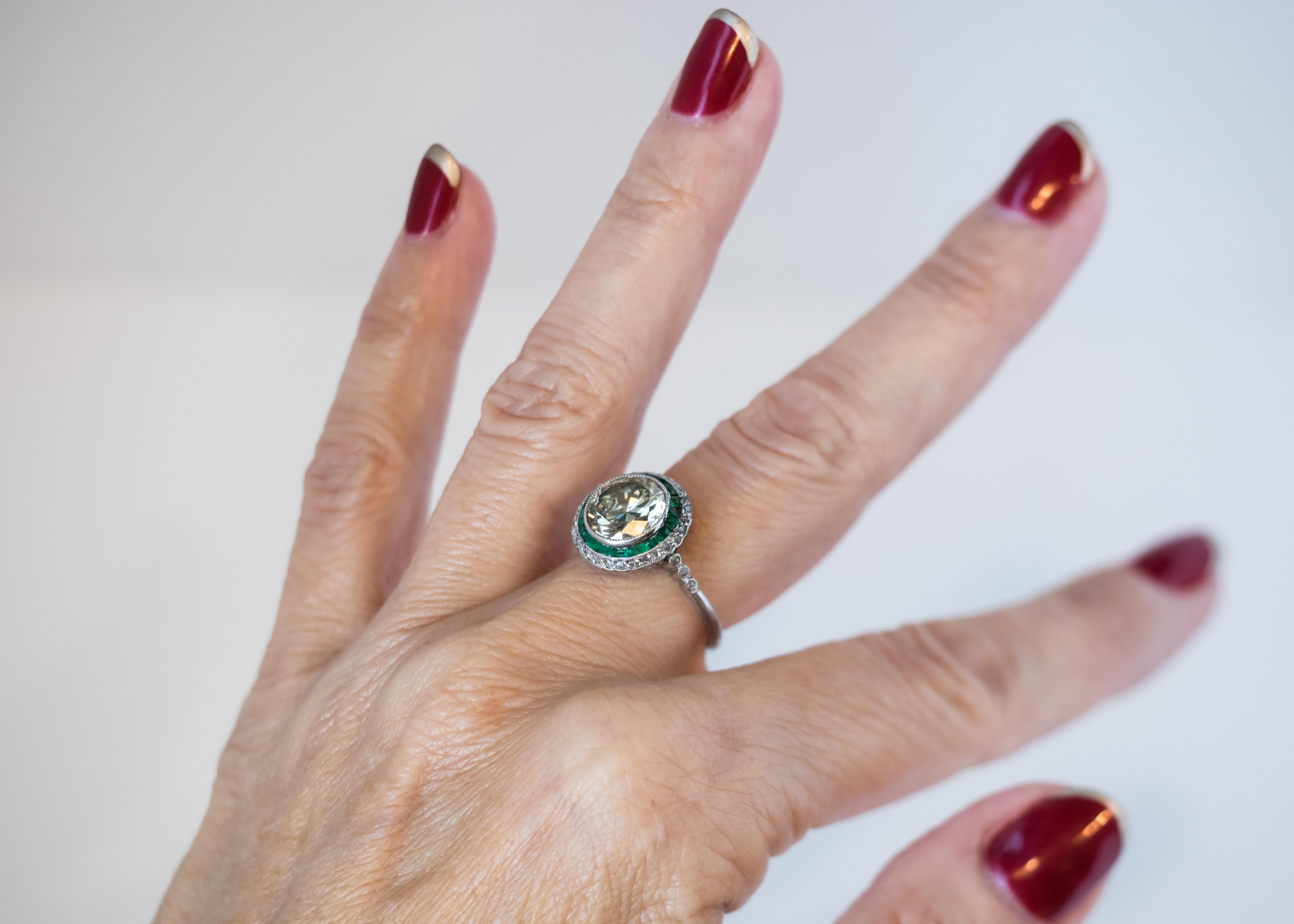 1920s Art Deco Old European Diamond, Emerald and Diamond Halo and Platinum Ring 5