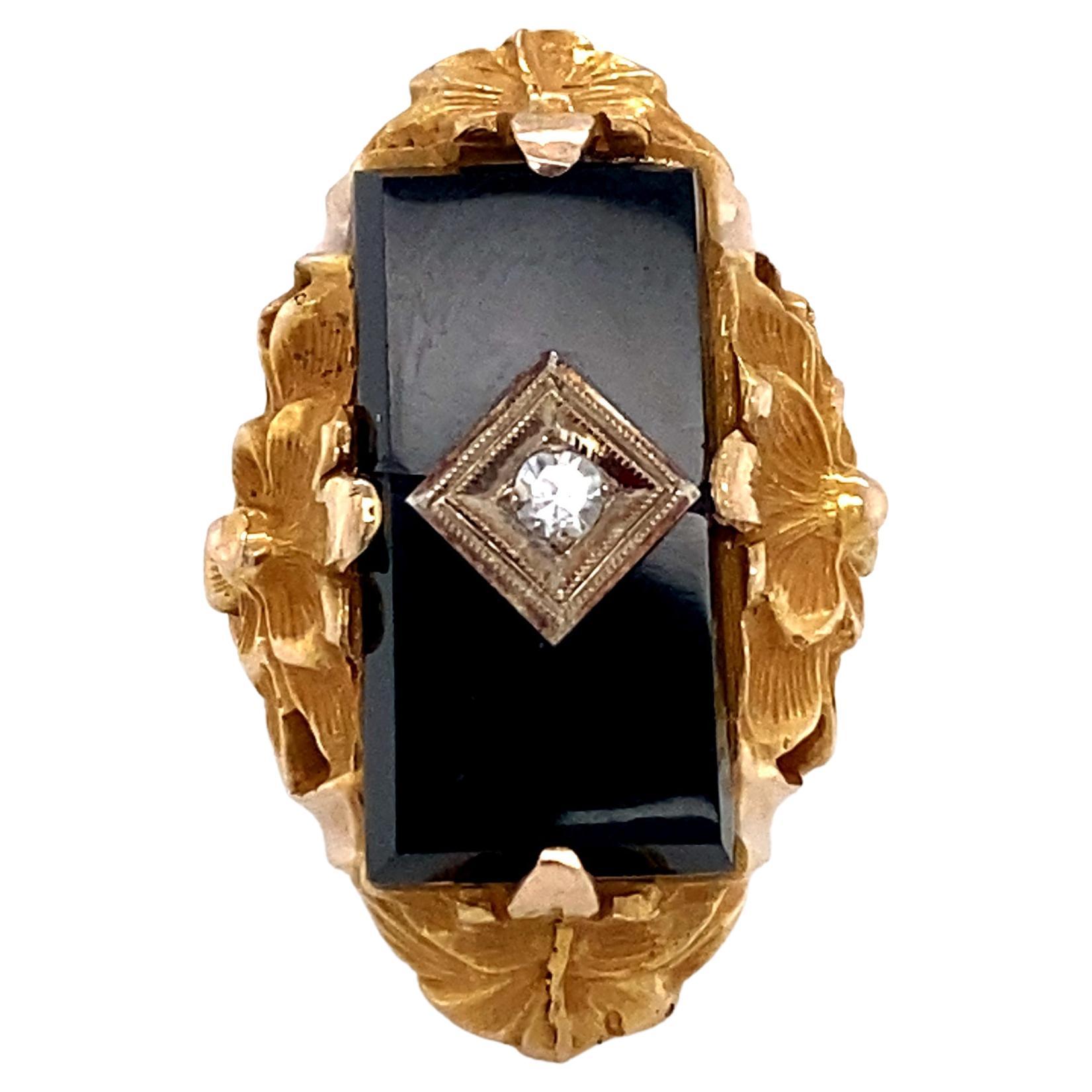 1920s Art Deco Onyx and Diamond Floral Ring in 14 Karat Gold For Sale