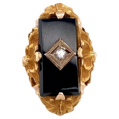 1920s Art Deco Onyx and Diamond Floral Ring in 14 Karat Gold