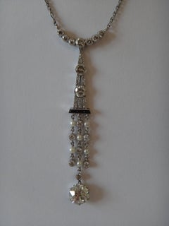 1920s Art Deco Onyx Pearl Diamond Platinum Pendant