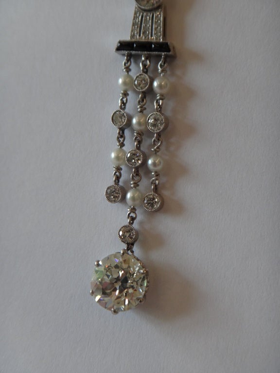 Round Cut 1920s Art Deco Onyx Pearl Diamond Platinum Pendant For Sale