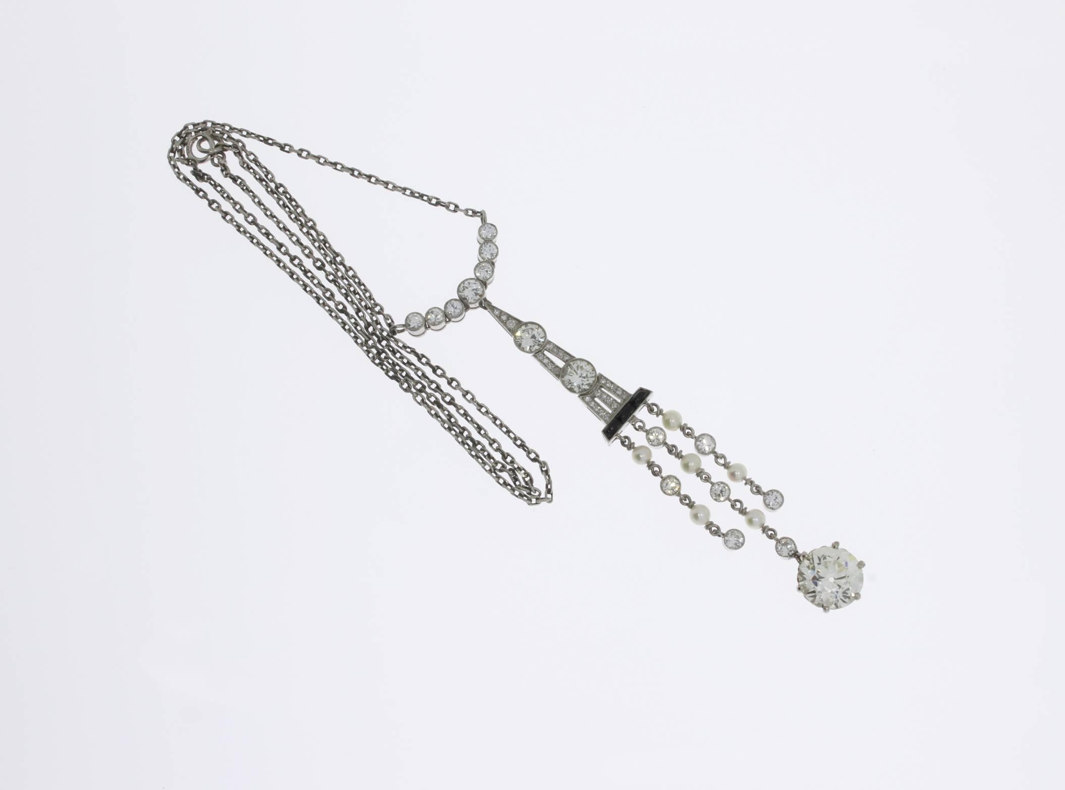 Women's 1920s Art Deco Onyx Pearl Diamond Platinum Pendant For Sale